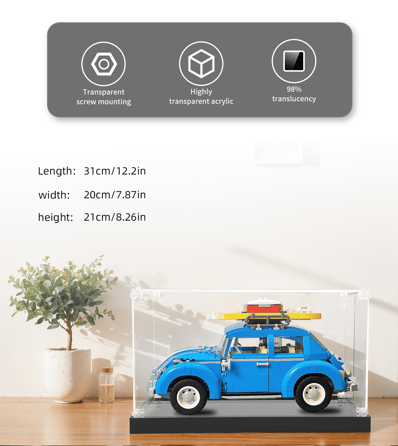 LEGO Creator Volkswagen Beetle 10252 Display Case - Clear Acrylic Protection for LEGO Car Model - Perfect for Showcase, Collection, and Dust-Free Storage