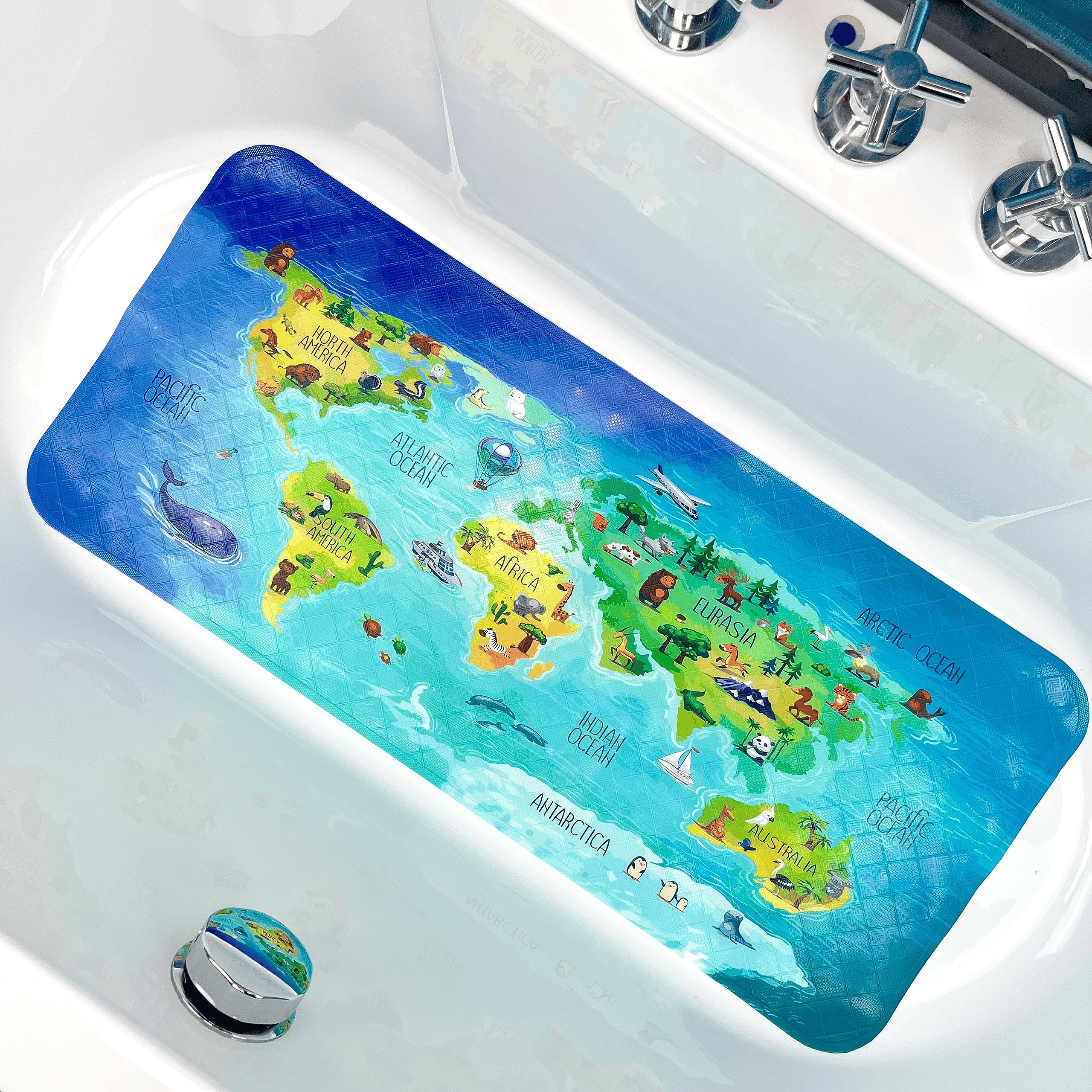 Non-Slip Cartoon Kids Bath Mat - Extra Large 35x16 Inch Bathtub Mat, Anti-Slip Shower Floor Mat for Bathroom Safety - Perfect for Kids' Bath Time Fun & Bathroom Decor (Map Design)