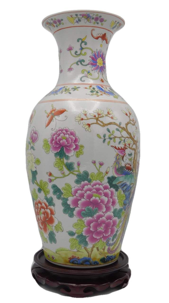 Colorful Fishtail Vase with Floral Design and Pheasant Motif - 17.5 Inch Handcrafted Oriental Vase for Home Decor, Wedding Centerpiece, and Luxury Gift
