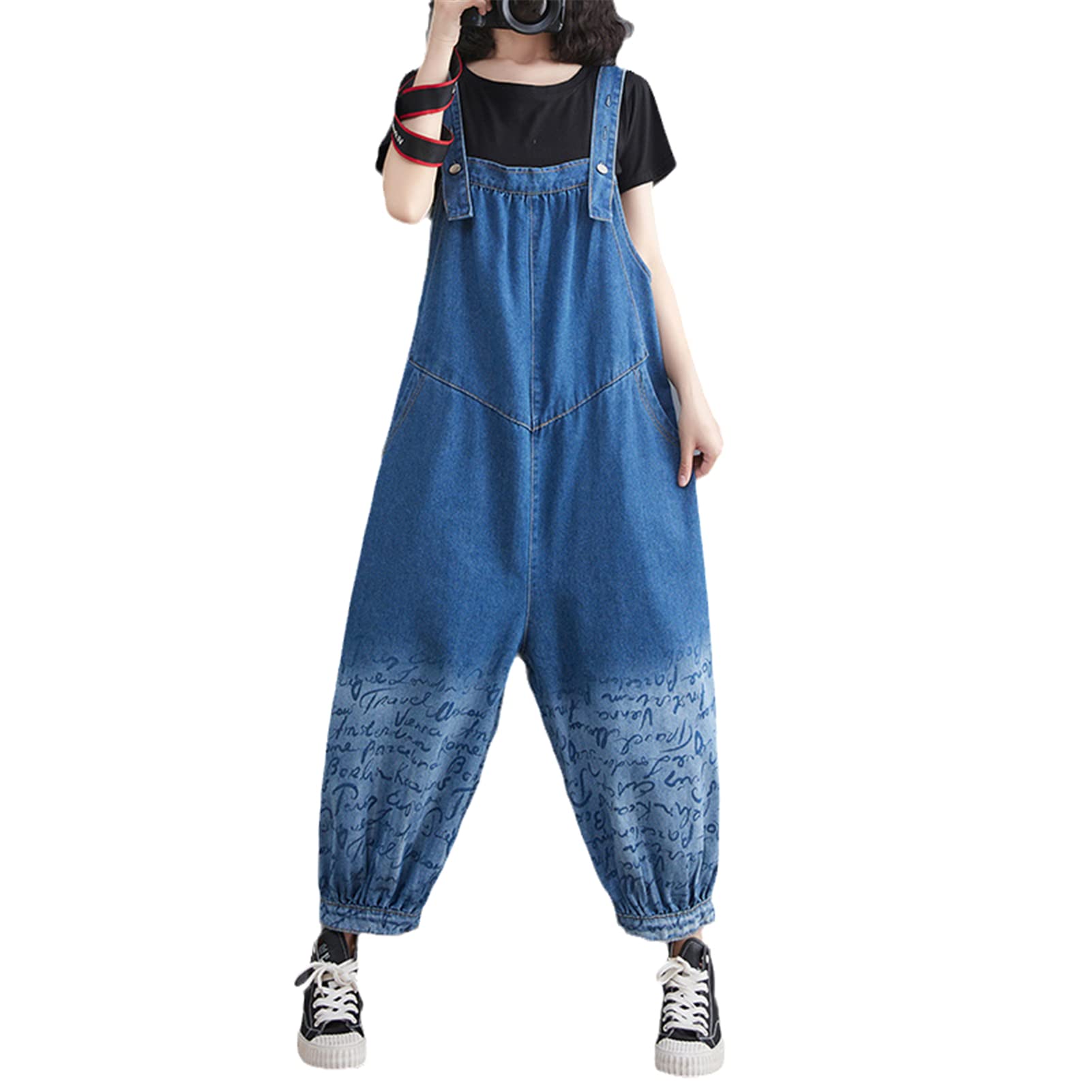 Women's Blue Denim Jumpsuit - Sleeveless Loose Fit Wide Leg Overalls with Letter Print | Casual Summer Outfit, Streetwear Fashion, Boho Chic Style