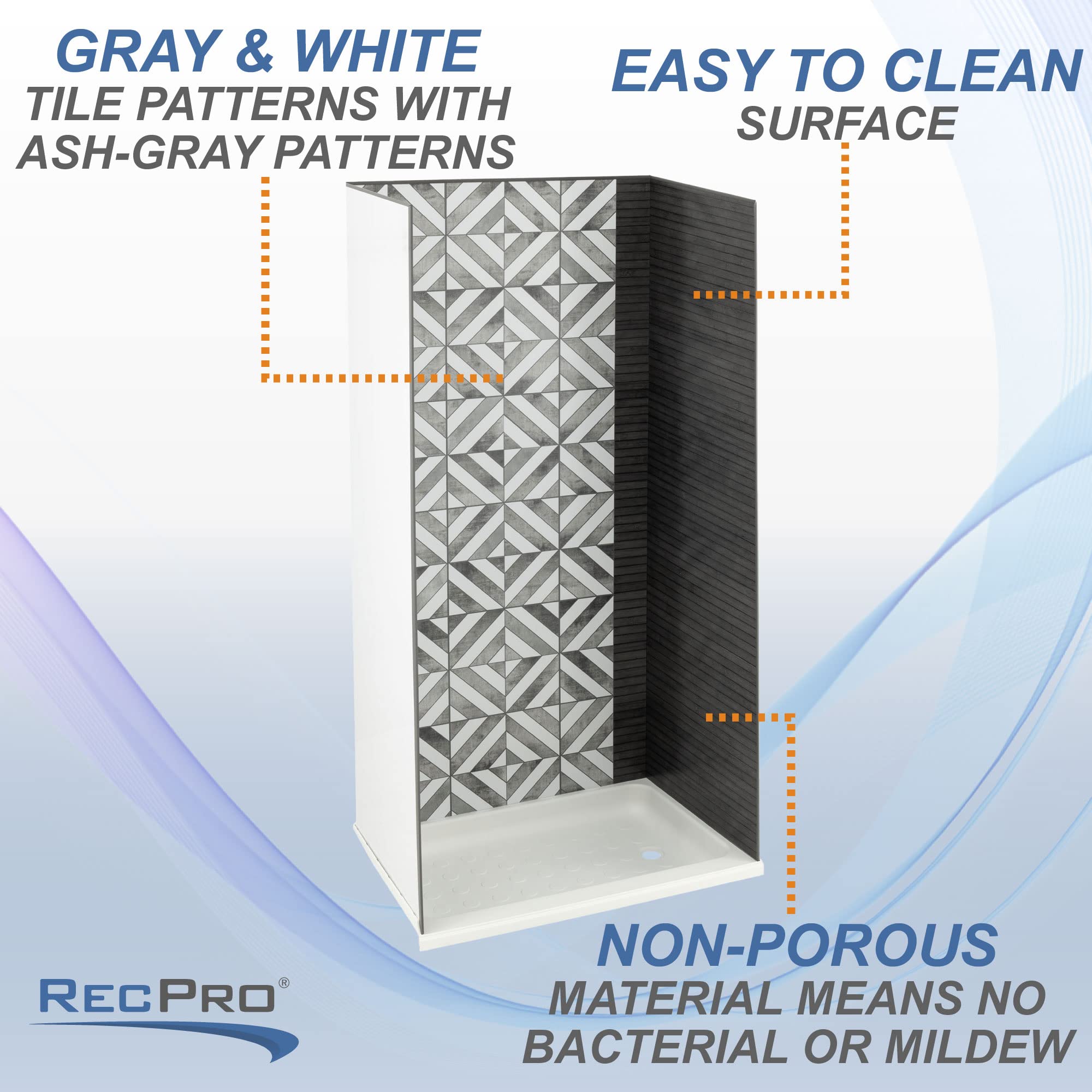 RecPro RV Shower Surround - One Piece ABS Design, No Grout Needed, Easy to Clean (Dark Gray Waterfall Pattern, 36