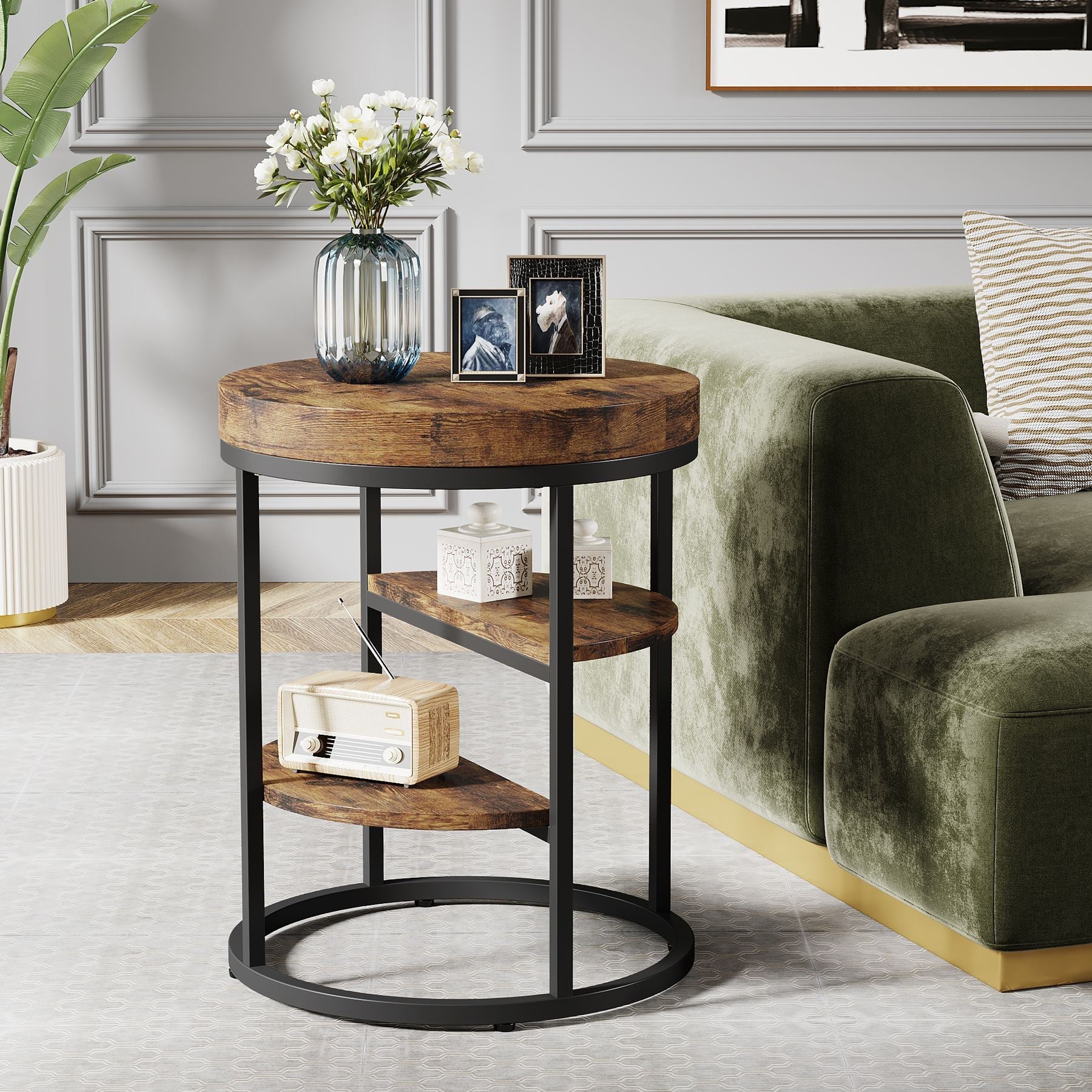 Round End Table with 3-Tier Shelves - Small Side Table & Nightstand for Living Room, Bedroom, or Office - Modern Accent Table with Storage Space