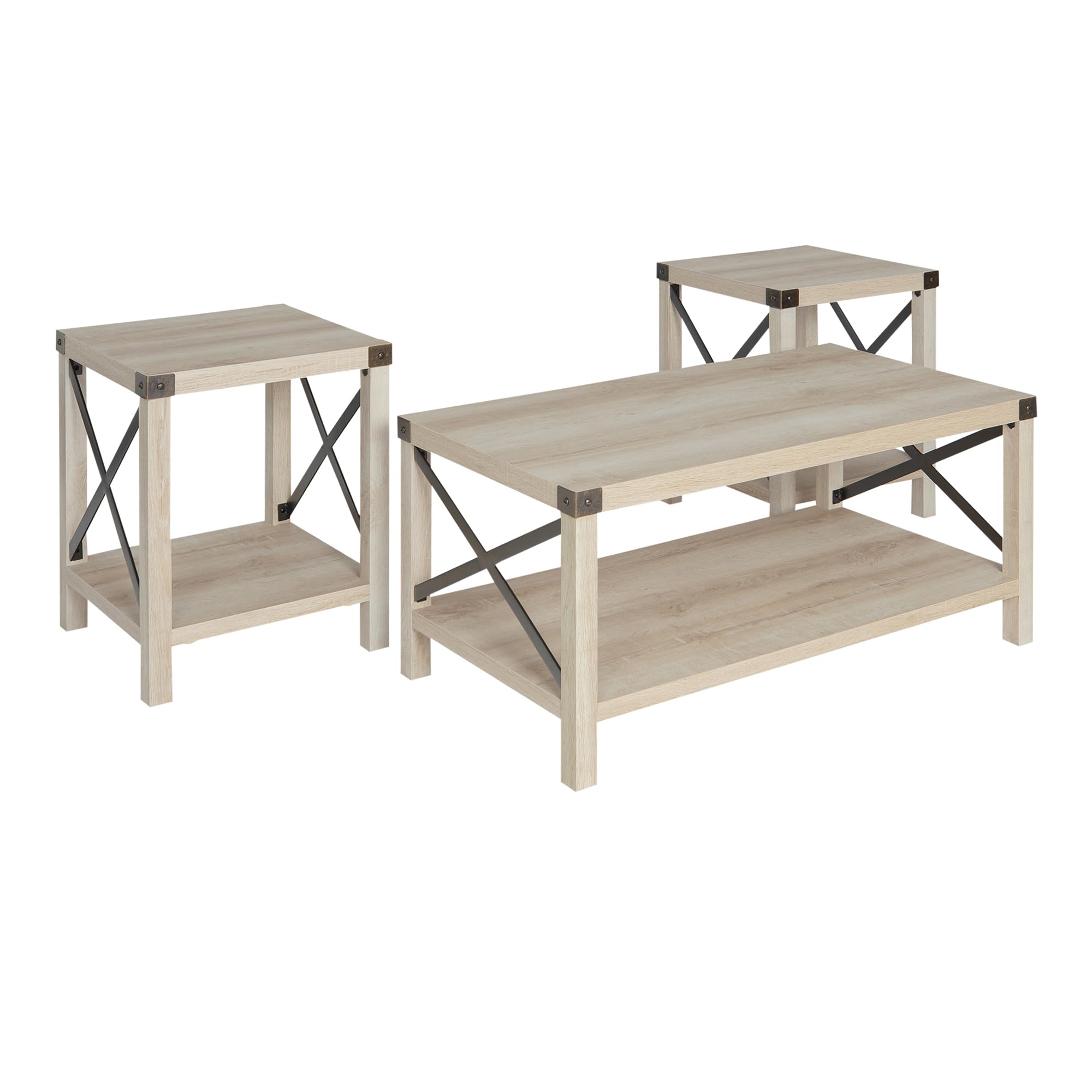 Walker Edison Sedalia Modern Farmhouse 3-Piece Metal-X Side and Coffee Table Set - White Oak Finish - Living Room Furniture for Farmhouse, Rustic & Industrial Decor (3-Pack)