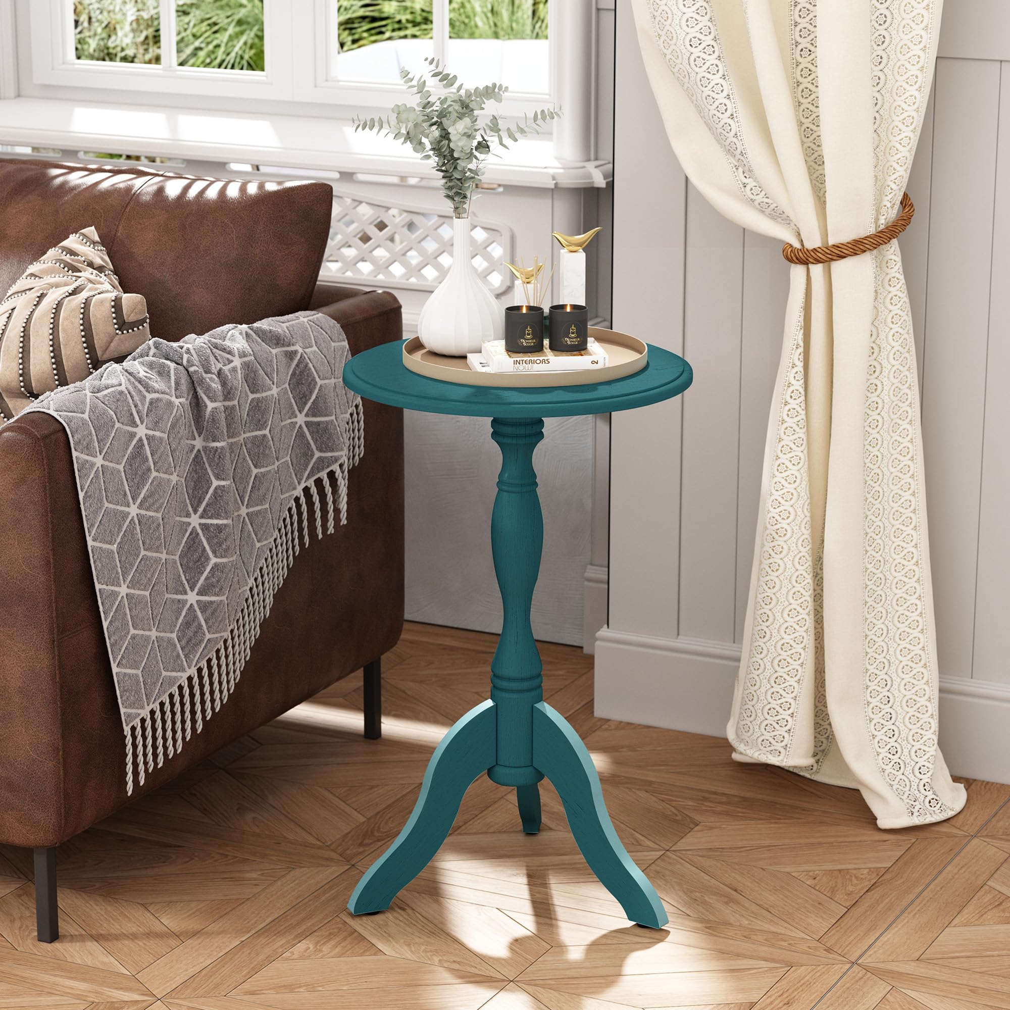Vintage Wooden Round Pedestal Side Table - Small Accent End Table for Living Room, Bedroom, Entryway | Emerald Blue Finish | Perfect as Nightstand, Coffee Table or Decorative Home Furniture