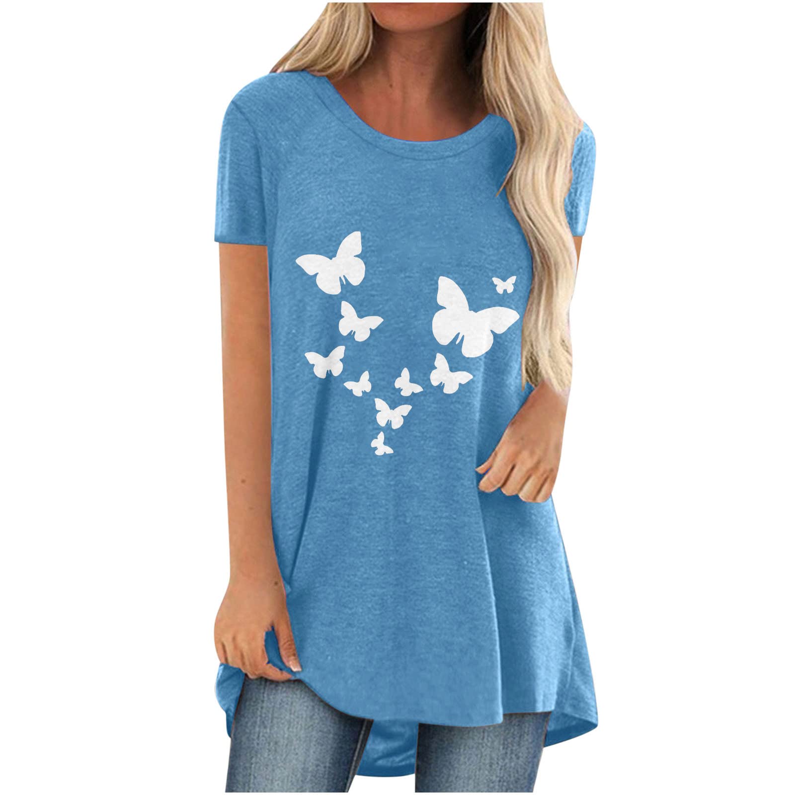 Women's Casual Short Sleeve Blouse - Loose Fit Crew Neck Tunic Top with Heart & Butterfly Print - Cute Fashion Tee for Work, Date Night & Everyday Wear