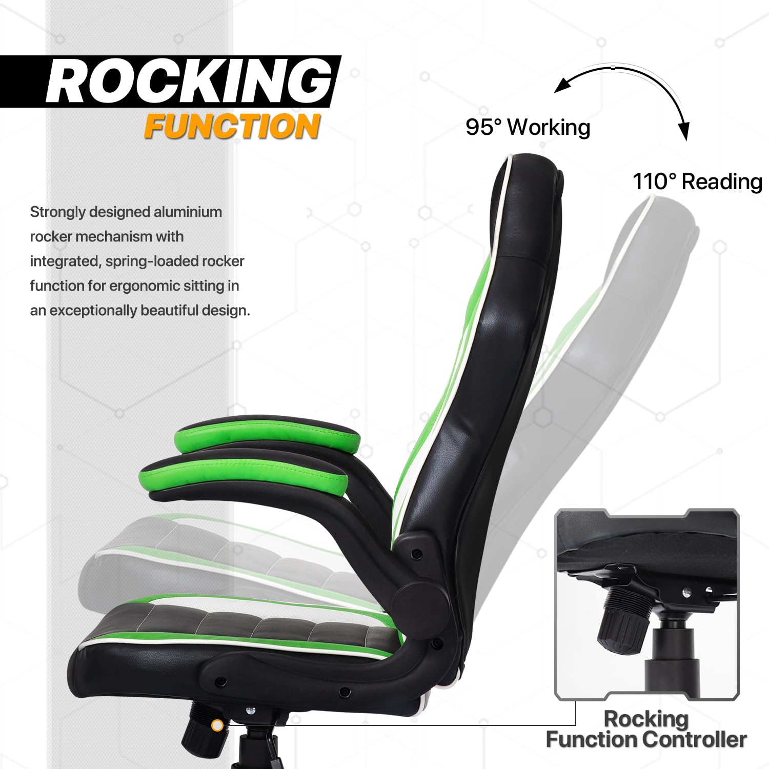 MoNiBloom Ergonomic Gaming Chair - Adjustable Swivel Computer Chair with Padded Flip-up Arms & Wheels for Teens & Adults - Green Video Game Chair for PC Gaming, Office Work & Home Use