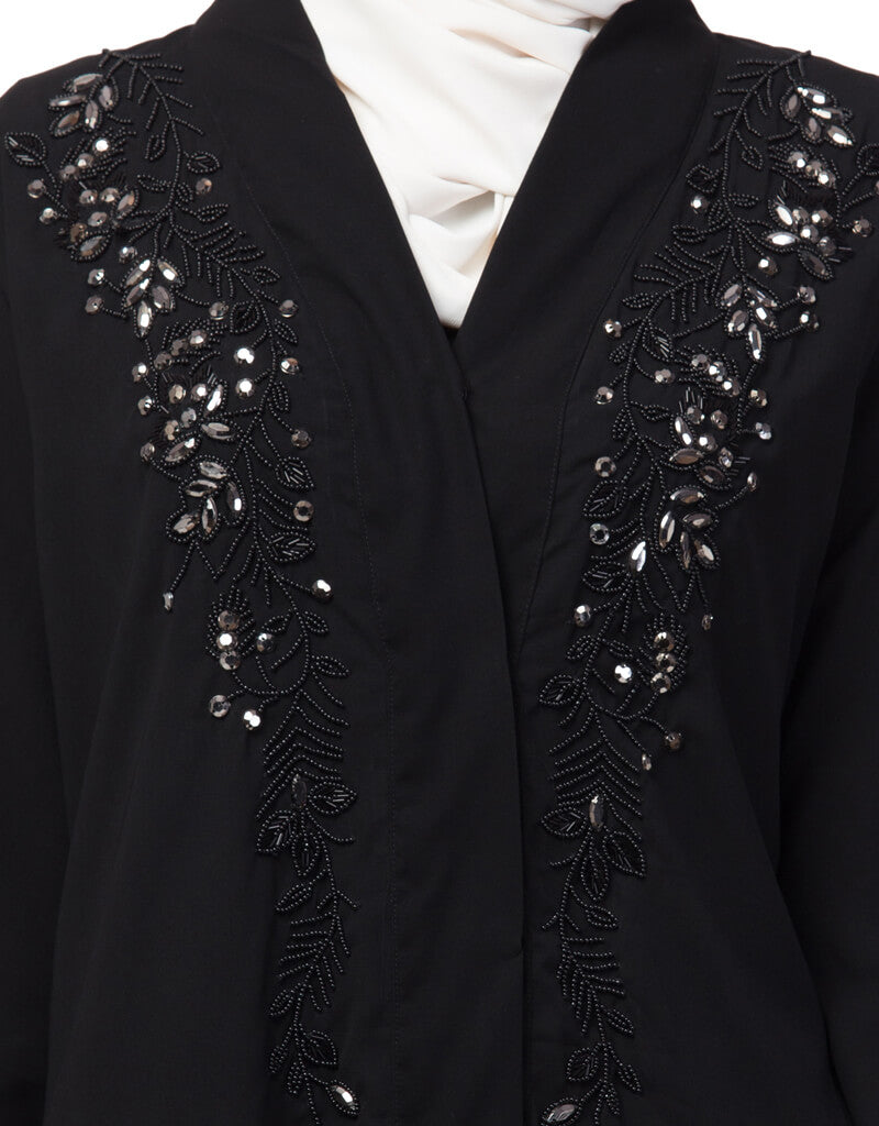 Elegant Black Arabic Abaya with Front Open Design & Hand Embroidery on Sleeves - Perfect for Prayer, Modest Fashion & Special Occasions