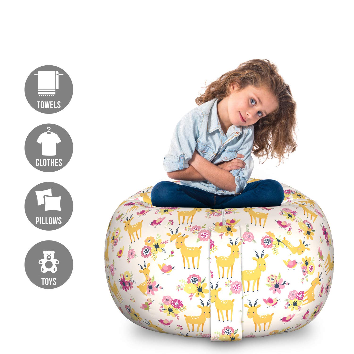 Ambesonne Floral Storage Toy Bag Chair - Large Washable Stuffed Animal Organizer with Deer & Blossom Print in Champagne & Multicolor - Perfect for Kids' Room, Nursery, Playroom & Home Organization