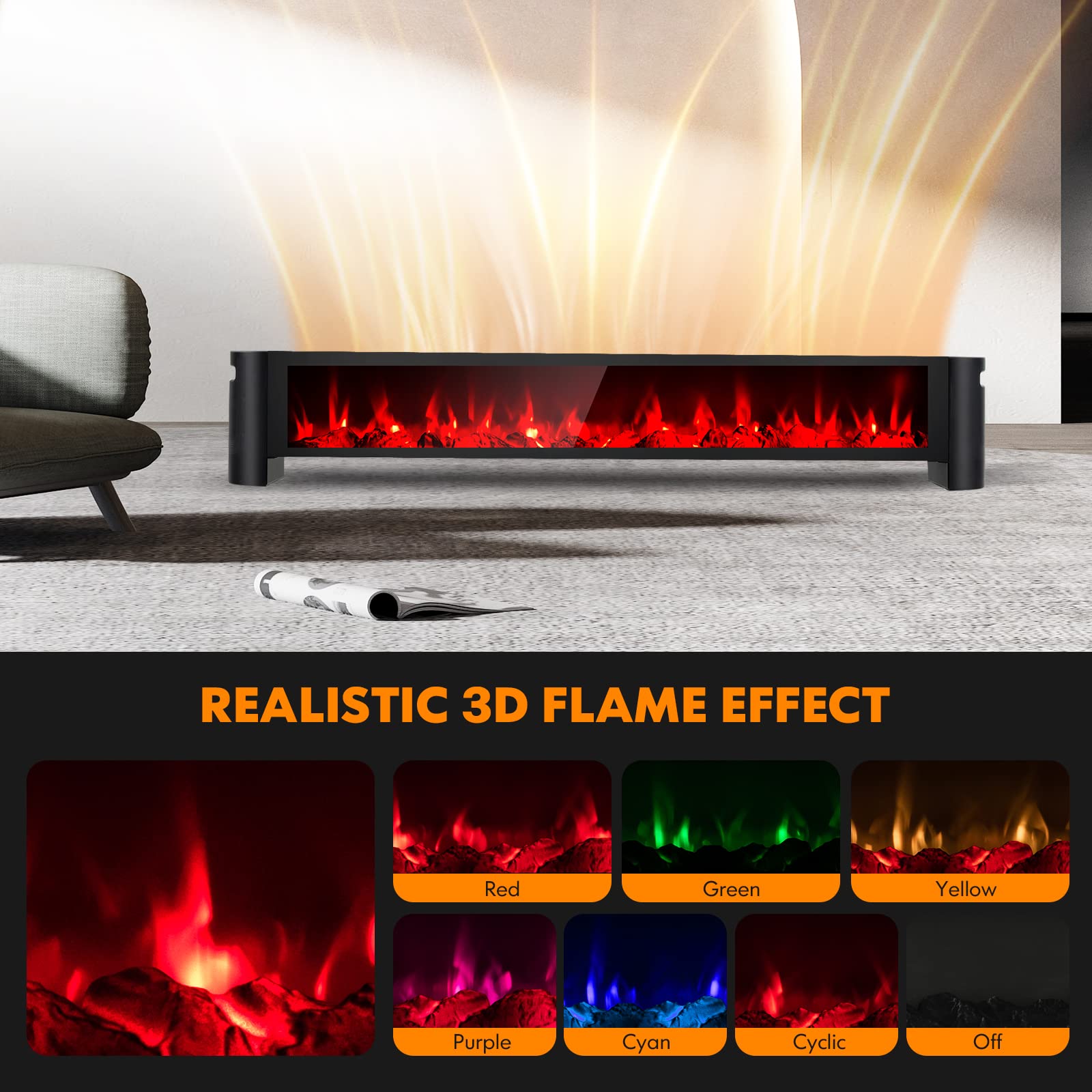 Tangkula 1400W Electric Baseboard Heater with Remote Control - 6 Adjustable 3D Flame Effects, Built-in Thermostat & Timer - Overheat & Waterproof Protection (IPX4) - Perfect for Bedroom, Living Room & Office Heating