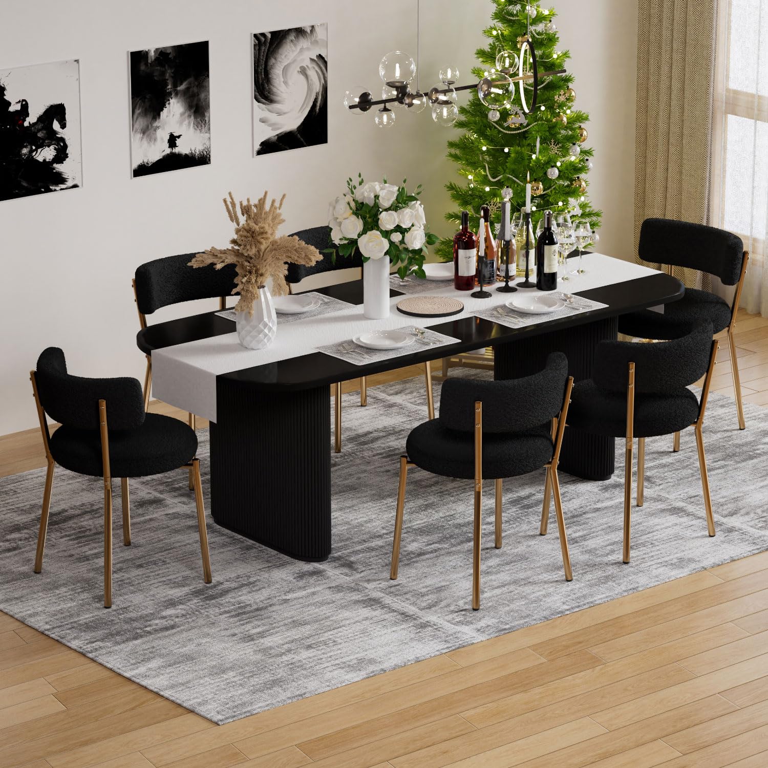Modern Dining Chairs Set of 4 - Round Upholstered Boucle Sherpa Kitchen Chairs with Curved Backrest & Gold Metal Legs - Mid Century Black Dining Room Chairs for Home, Restaurant, Cafe & Office Use
