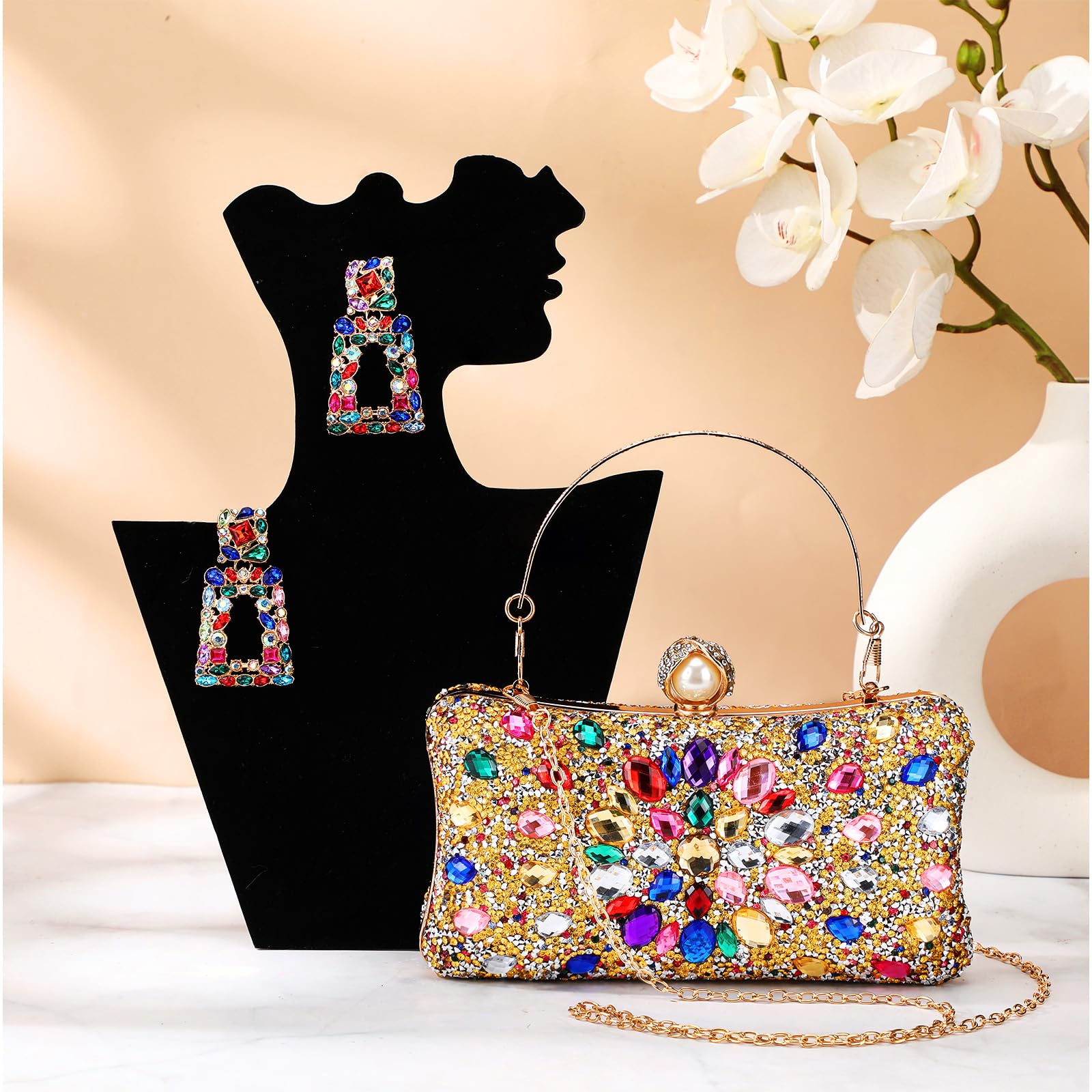 Silkfly Rhinestone Clutch Purse for Women | Crystal Evening Bag for Wedding & Party | Geometric Drop Dangle Earrings Set | Shoulder Diamond Prom Handbag | Perfect for Formal Events, Date Night & Special Occasions