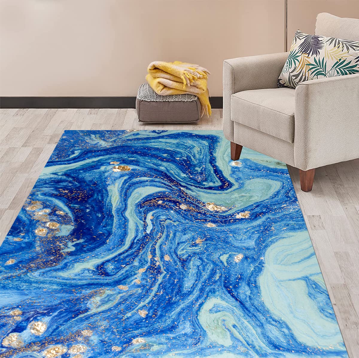Modern Abstract Liquid Design 6x8 Area Rug - Blue Beige Gold Ocean Wave Print Carpet for Living Room, Bedroom, Dining Room | Boho Chic Floor Rug for Under Coffee Table, Indoor Kitchen & Laundry Room Decor | Soft & Stylish Home Accent
