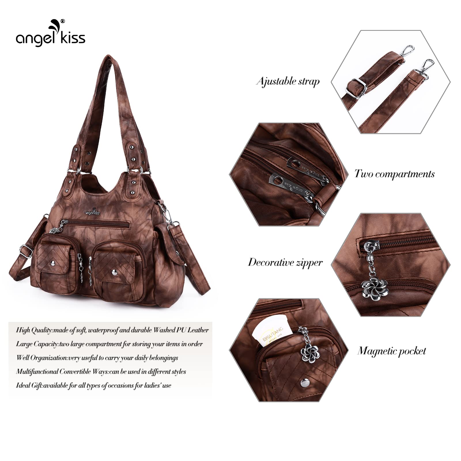 Angel Kiss Women's Large Hobo Shoulder Bag - Soft PU Leather Handbag for Everyday Use, Work, and Travel | Stylish & Spacious Tote for Women