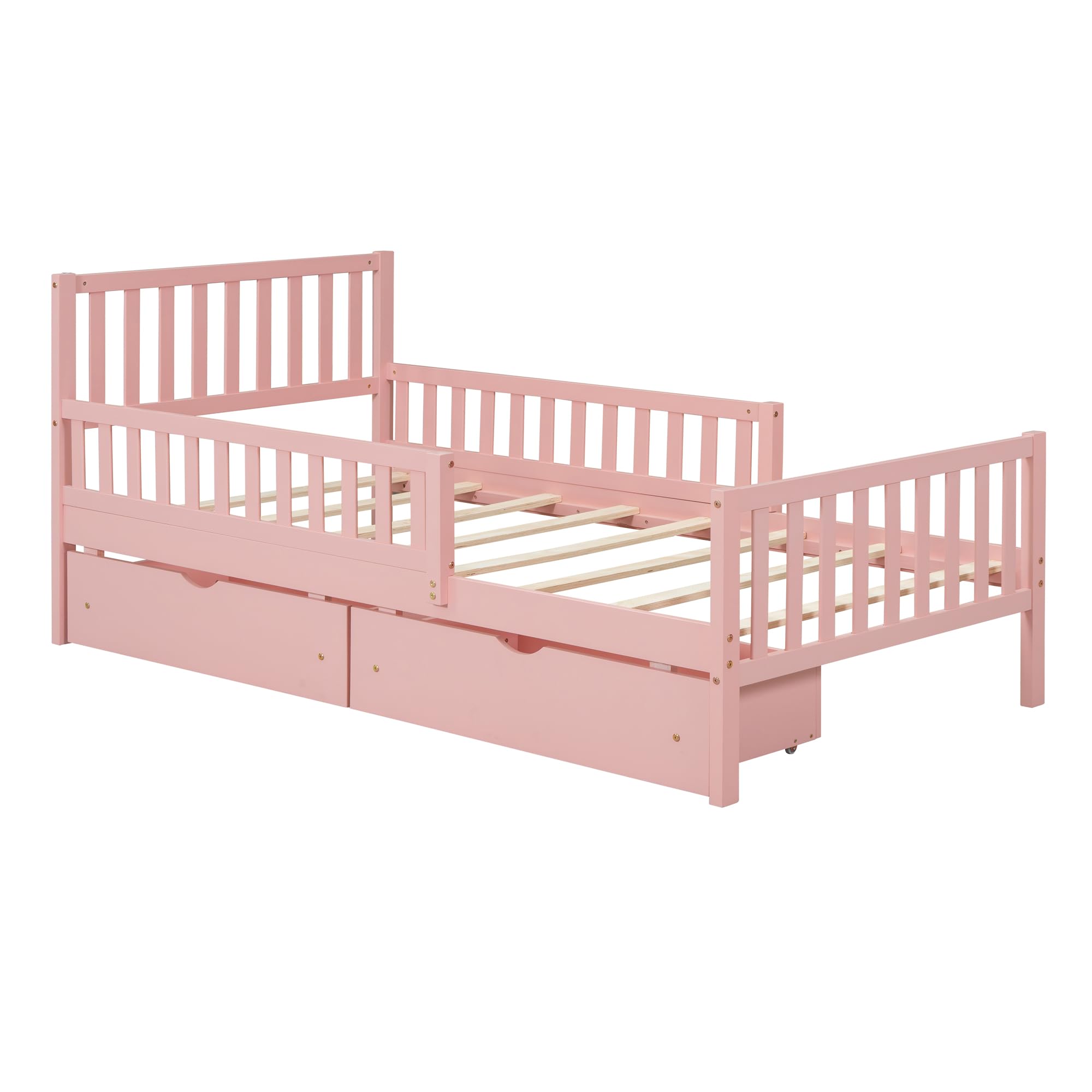 Pink Twin Size Kids Bed Frame with Guardrails, Low Platform Bed with Headboard & Footboard - 2 Storage Drawers for Boys & Girls | Perfect for Small Bedrooms, Daycare Centers & Kids' Sleepovers