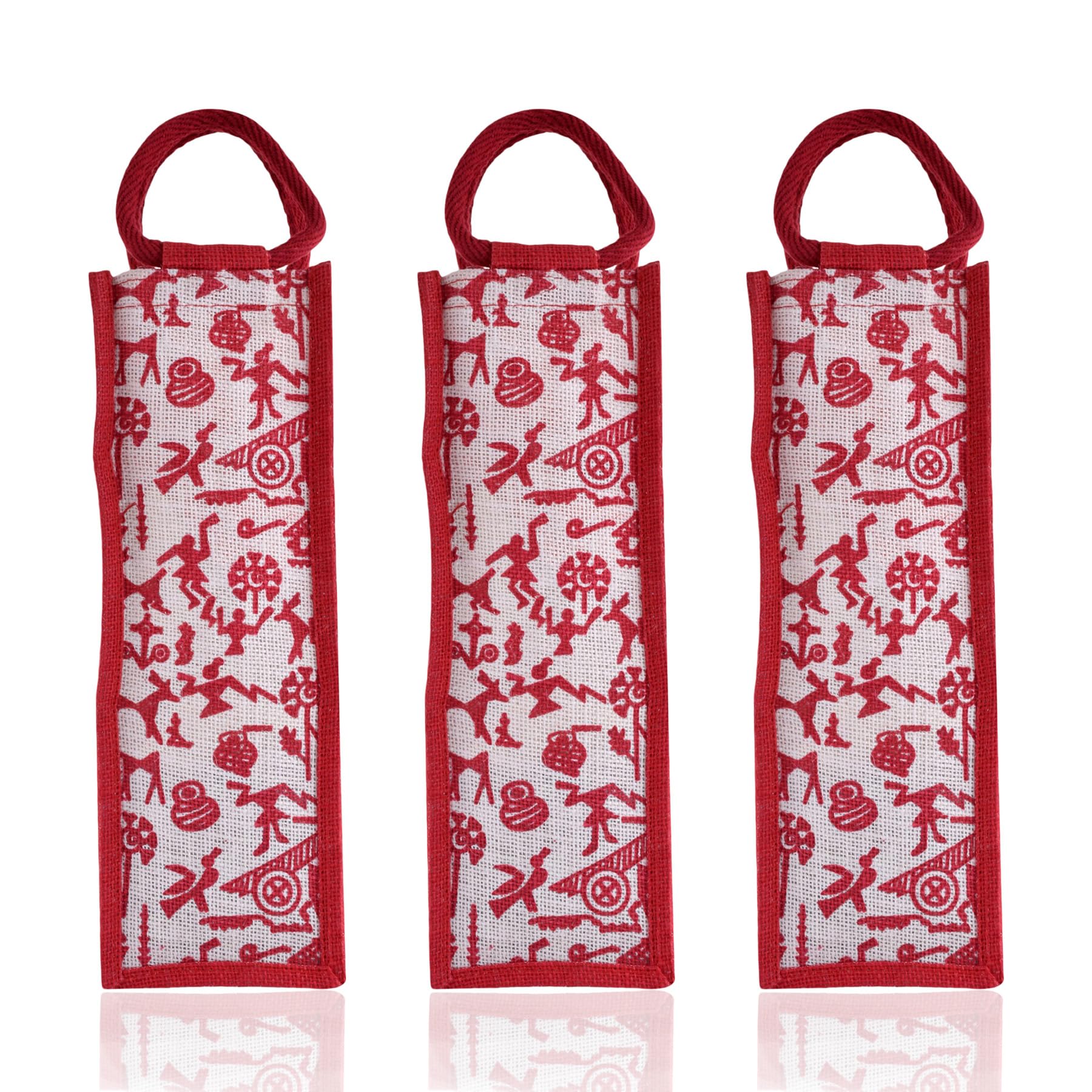 Kuber Industries Reusable Jute Bottle Bag with Handle - Eco-Friendly Water & Wine Bottle Cover for Office, Travel & Gifts - Warli-Print Design - Pack of 3 (Red) | Perfect for Picnics, Parties & Sustainable Gifting