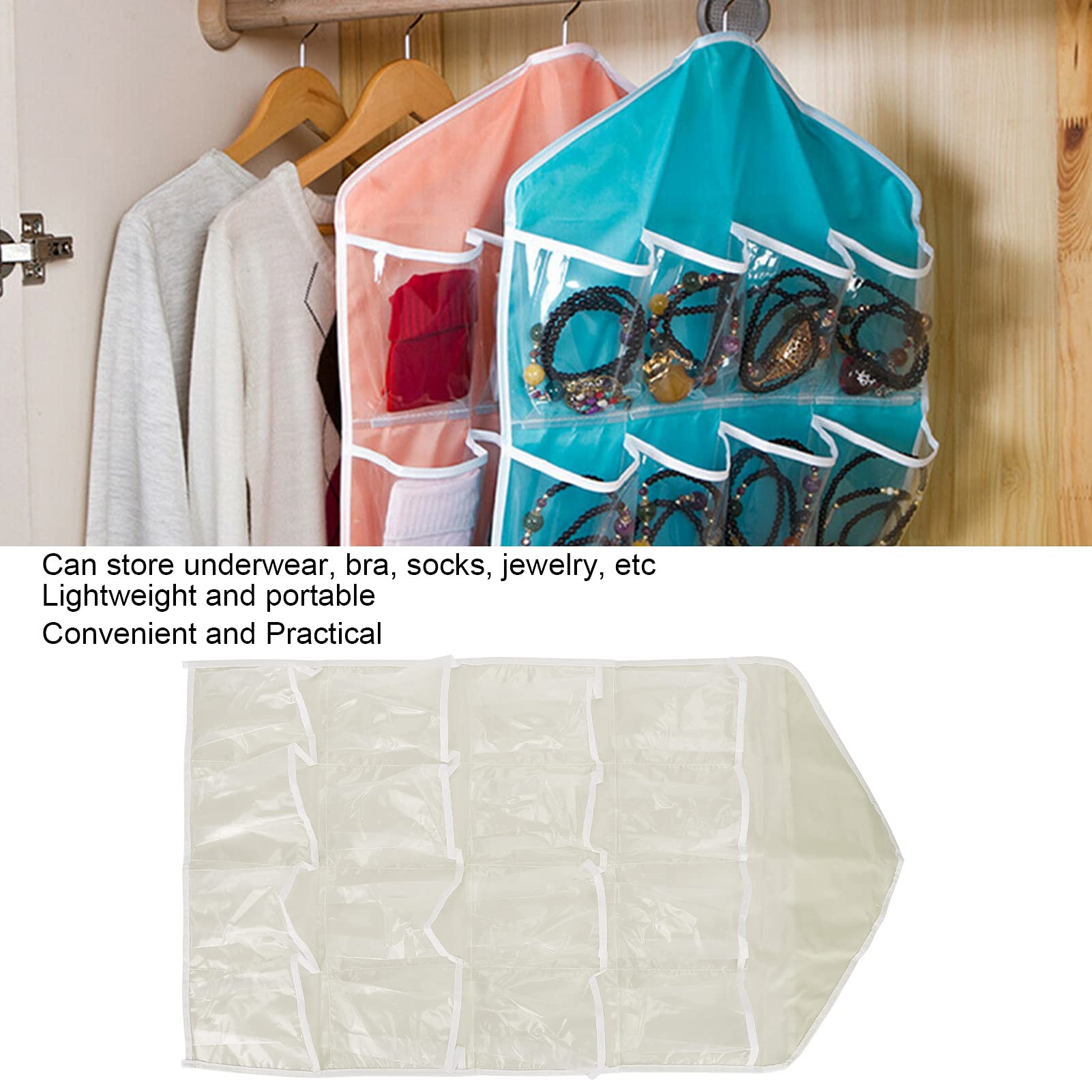 Multi-Pocket Underwear Hanging Organizer - 16 Clear Storage Bags for Socks, Bras & Clothes | Space-Saving Closet Organizer for Bedroom & Dorm | Beige Fabric Hanging Shelf for Wardrobe Organization