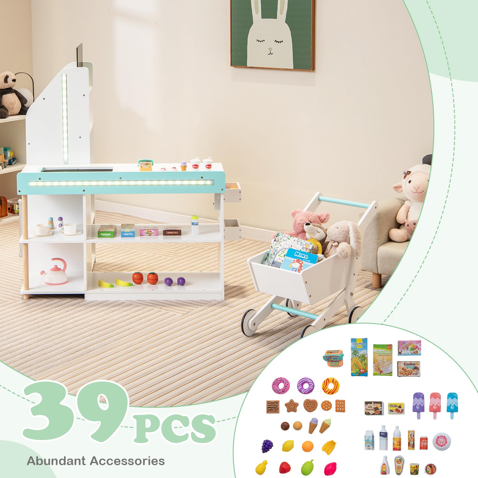 HONEY JOY Kids Wooden Grocery Store Playset with Cash Register & Working Conveyor Belt - Pretend Play Supermarket Toy with Checkout Counter, Lights & Food Accessories - Educational Role Play for Toddler Boys & Girls (White) - Perfect for Home, Classroom & Daycare Pretend Play Activities