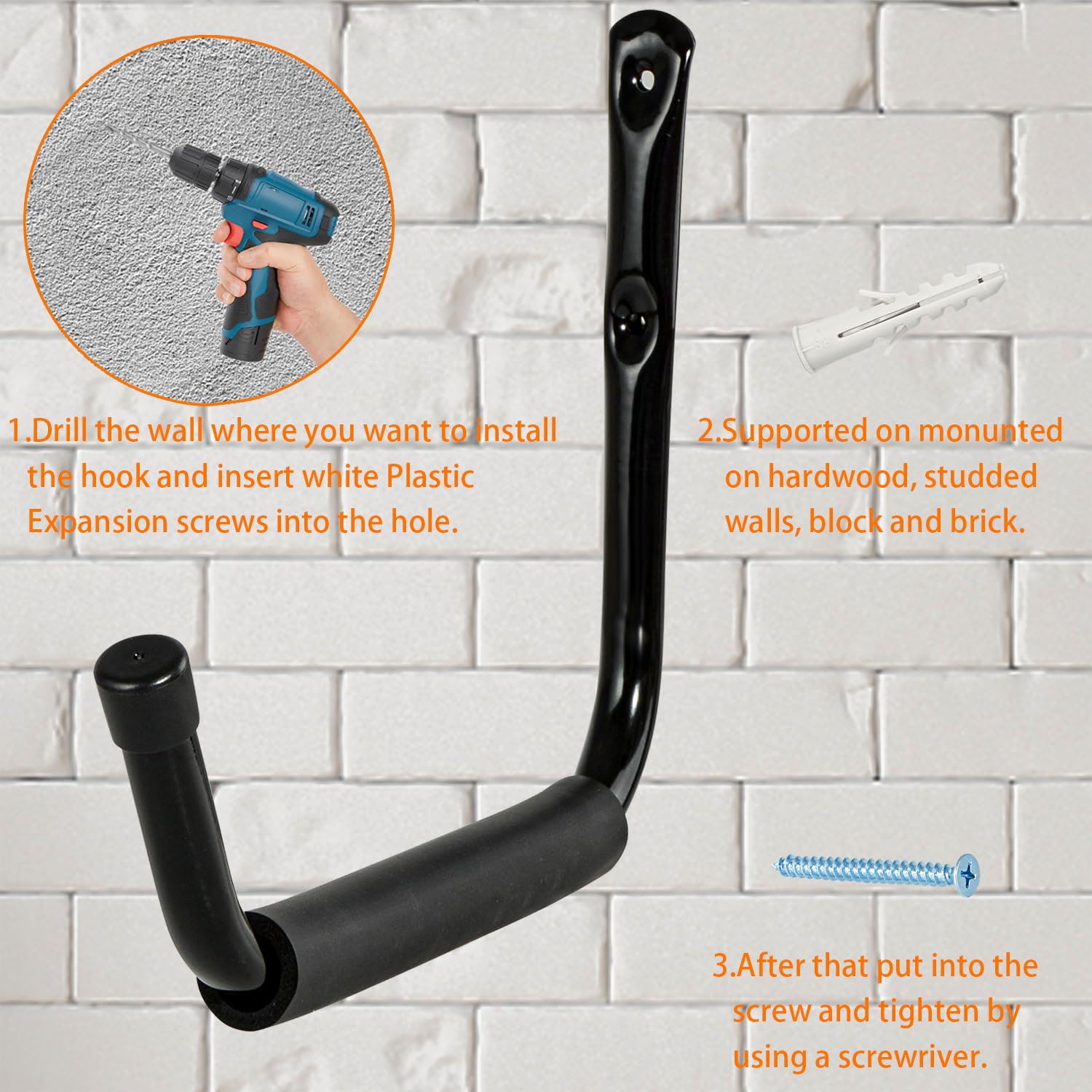AOFOX Heavy Duty Wall Hooks 6-Pack - 38cm Jumbo Arm Ladder Hooks for Kayak, Canoe, Surfboard, Paddle, Tools & Chair Storage - Sturdy Garage Wall Mount Hangers for Space-Saving Organization (Black) - Perfect for Garage, Basement, Shed & Outdoor Storage