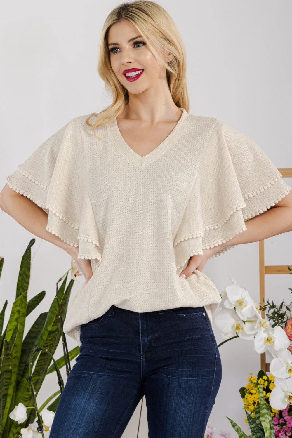 Celeste Women's V-Neck Lace Trim Flutter Sleeve Blouse - Elegant Flowy Top for Casual Wear, Date Night & Office Outfits
