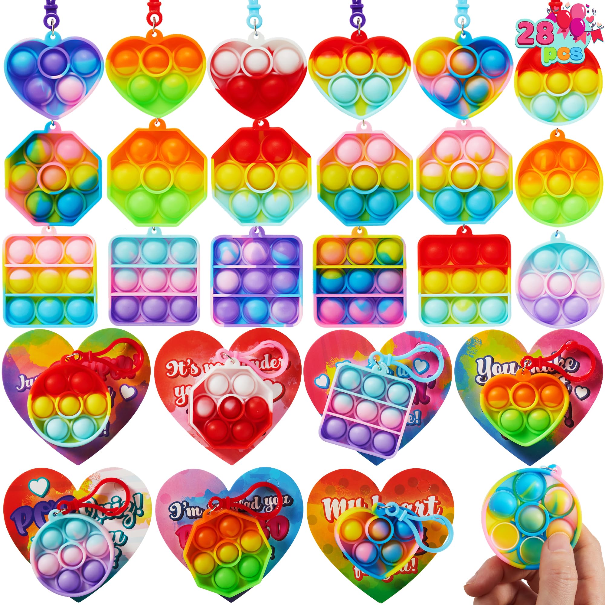 JOYIN 28 Pcs Valentine's Day Gift Cards with Pop Bubble Keychains for Kids - Stress Relief Fidget Toys for Classroom Exchange, Party Favors & Sensory Play - Perfect for Valentine's Day Gifts, School Prizes and Anxiety Relief