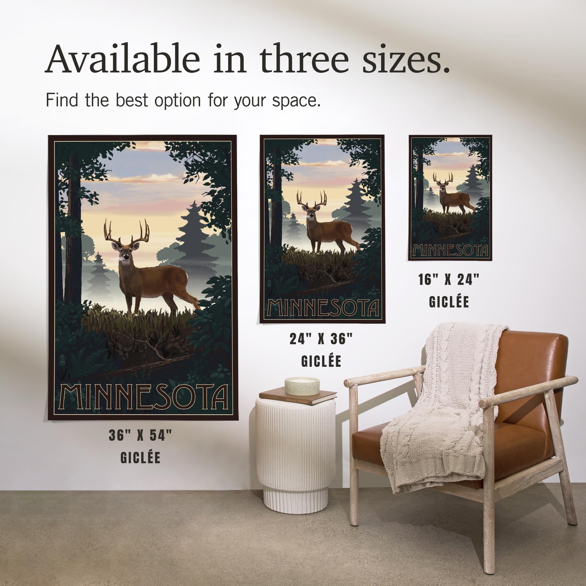 Lantern Press 16x24 Inch Giclee Art Print - Minnesota Deer and Sunrise Landscape Wall Decor | Perfect for Living Room, Bedroom, or Office