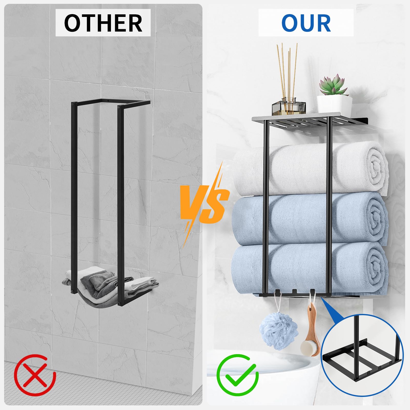 Sturdy Metal Wall Mounted Towel Rack for Bathroom - Rustproof Towel Holder with Hooks for Large & Rolled Towels | Space-Saving Bathroom Storage Solution (Black) - Perfect for Small Bathrooms, Spa-Like Showers & Organized Powder Rooms
