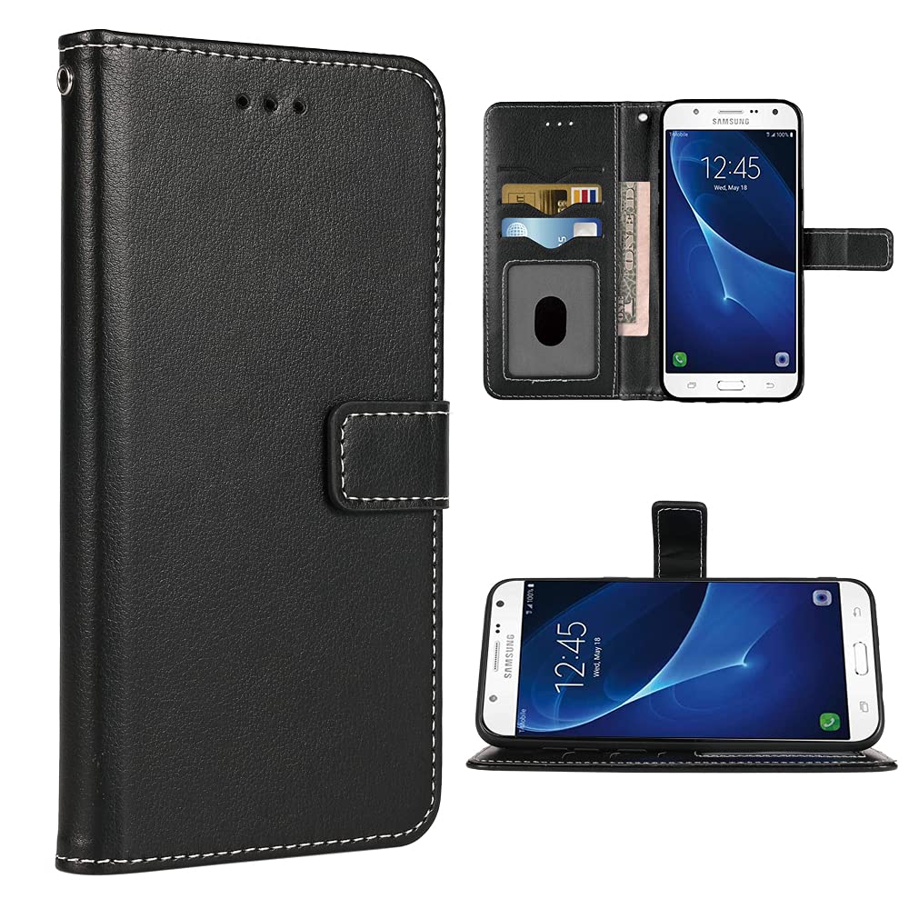 Samsung Galaxy J7 2015 Wallet Case - Leather Flip Cover with Wrist Strap & Card Holder - Compatible with SM-J700/J700F/J700H (Black) | Perfect for Everyday Use, Travel, and Hands-Free Convenience
