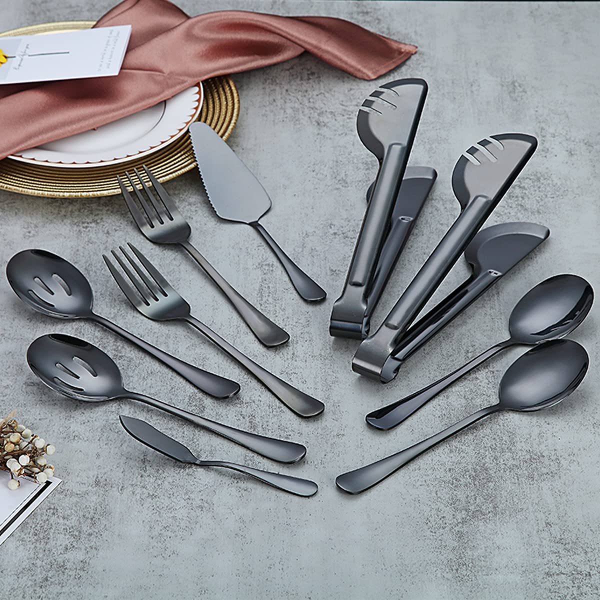 Premium 12-Piece Stainless Steel Serving Utensil Set - Includes 2 Serving Spoons, 2 Slotted Spoons, 2 Forks, Cake Server, Butter Knife & Tongs - Dishwasher Safe for Parties, BBQs & Dinner Hosting