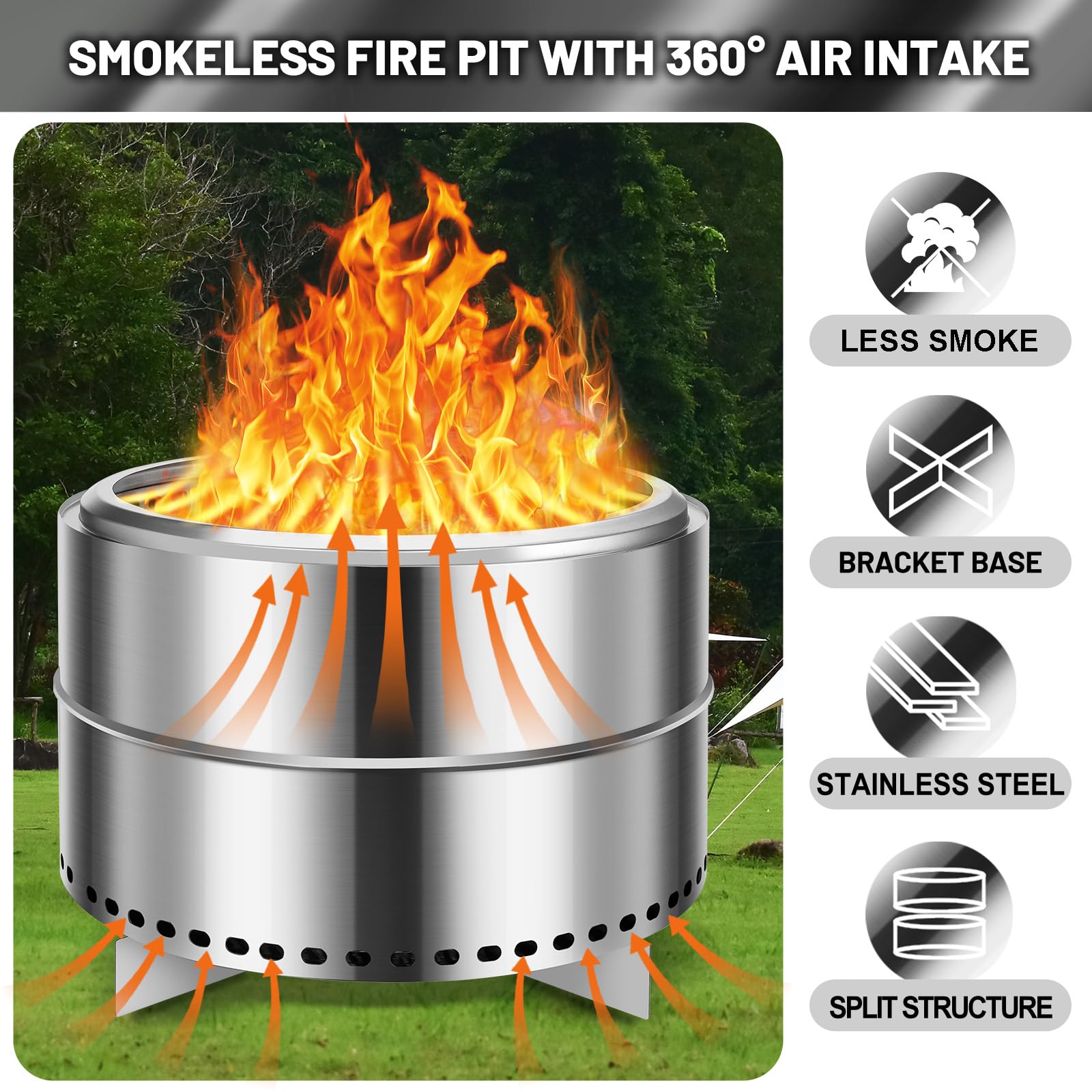 GARVEE 27 Inch Portable Smokeless Fire Pit with Stand - Stainless Steel Wood Burning Fire Pit for Camping, Backyard, Patio & Outdoor Gatherings - Includes Carry Bag & Split Structure Design for Easy Transport
