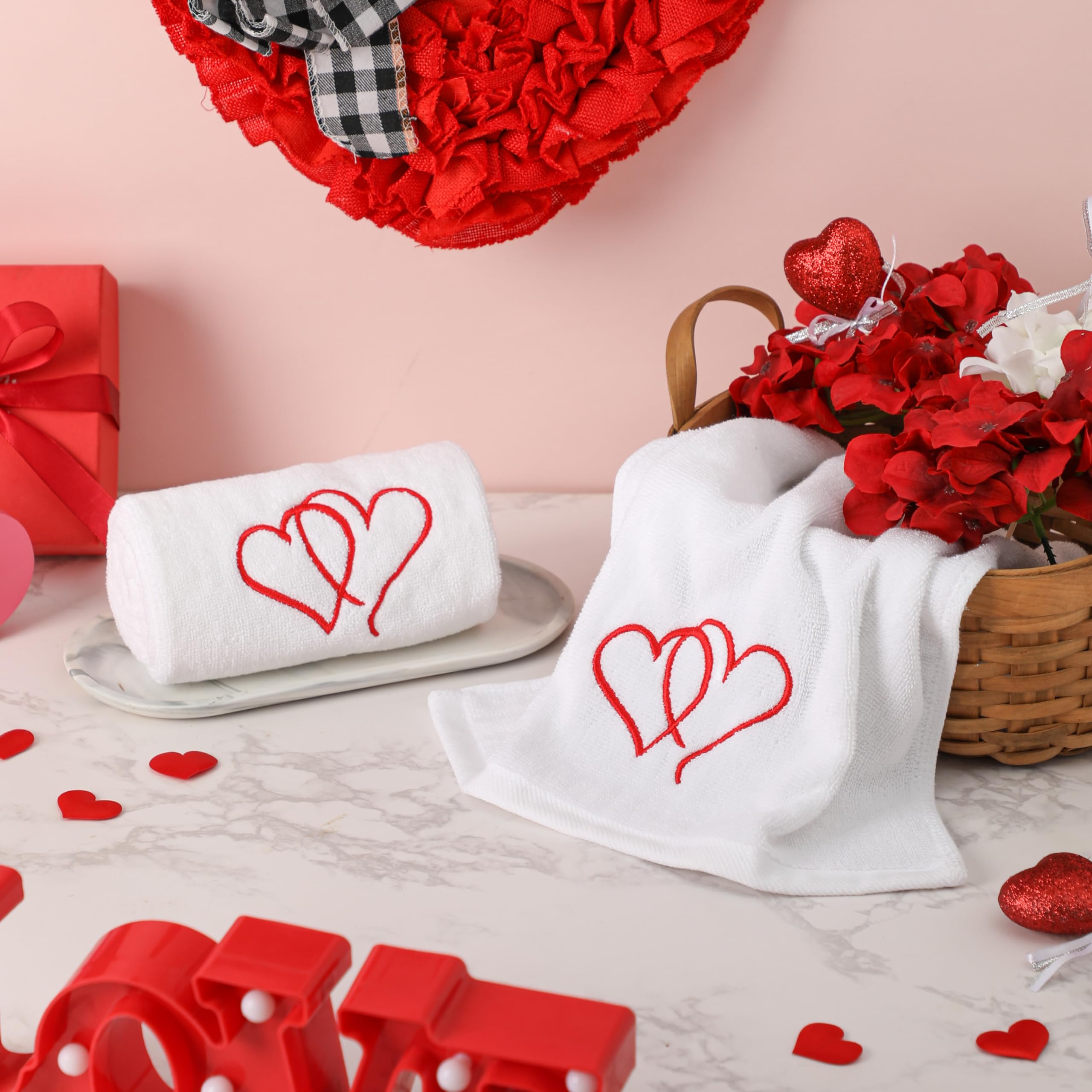 Valentine's Day Cotton Hand Towels - Embroidered Red Heart Set of 2 for Bathroom & Kitchen Decor