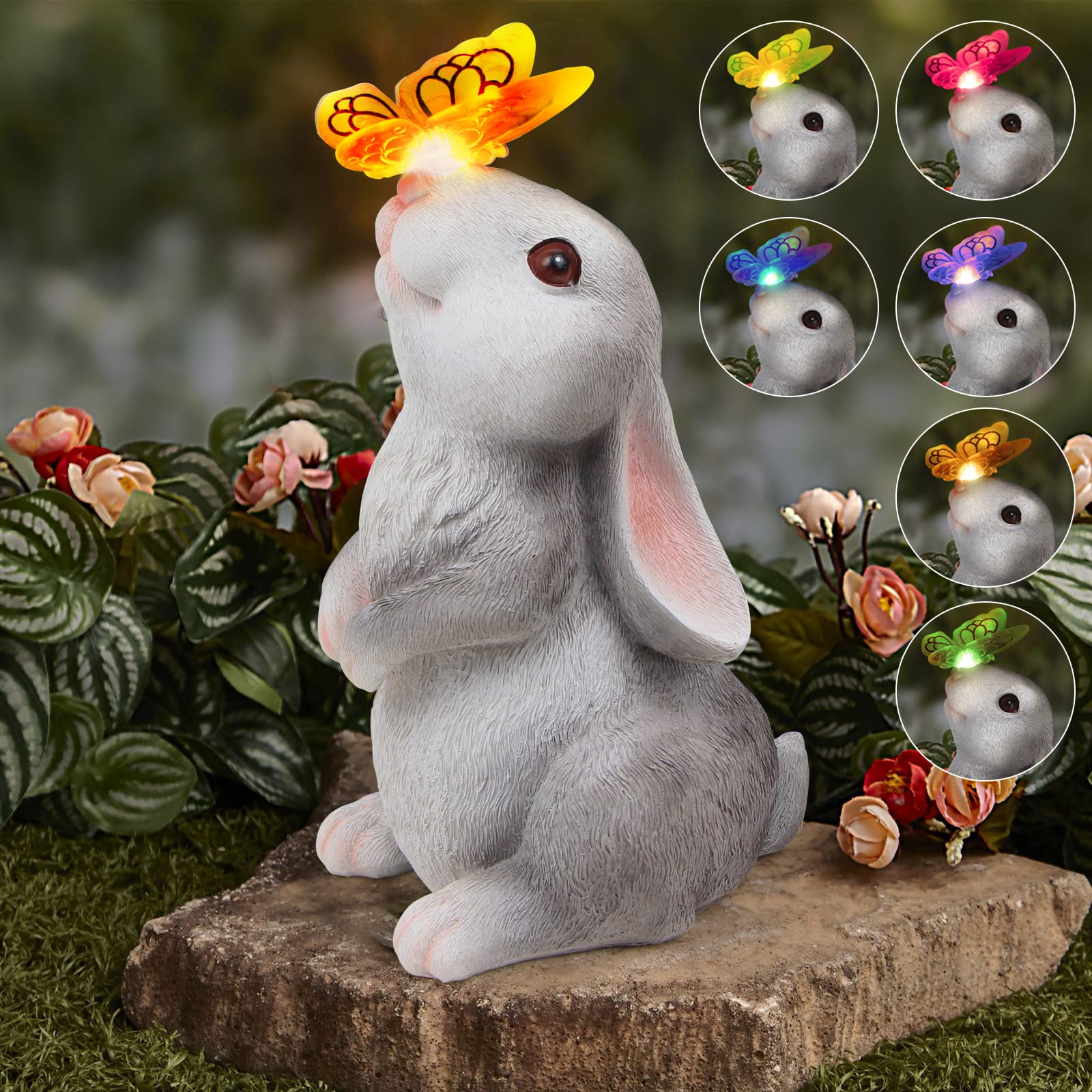 Solar-Powered Rabbit Garden Statue with Changing Butterfly Lights - Outdoor Decor for Patio, Balcony, Yard & Lawn - Perfect Gardening Gift for Mom & Grandma - Ideal for Spring Decorations & Backyard Parties