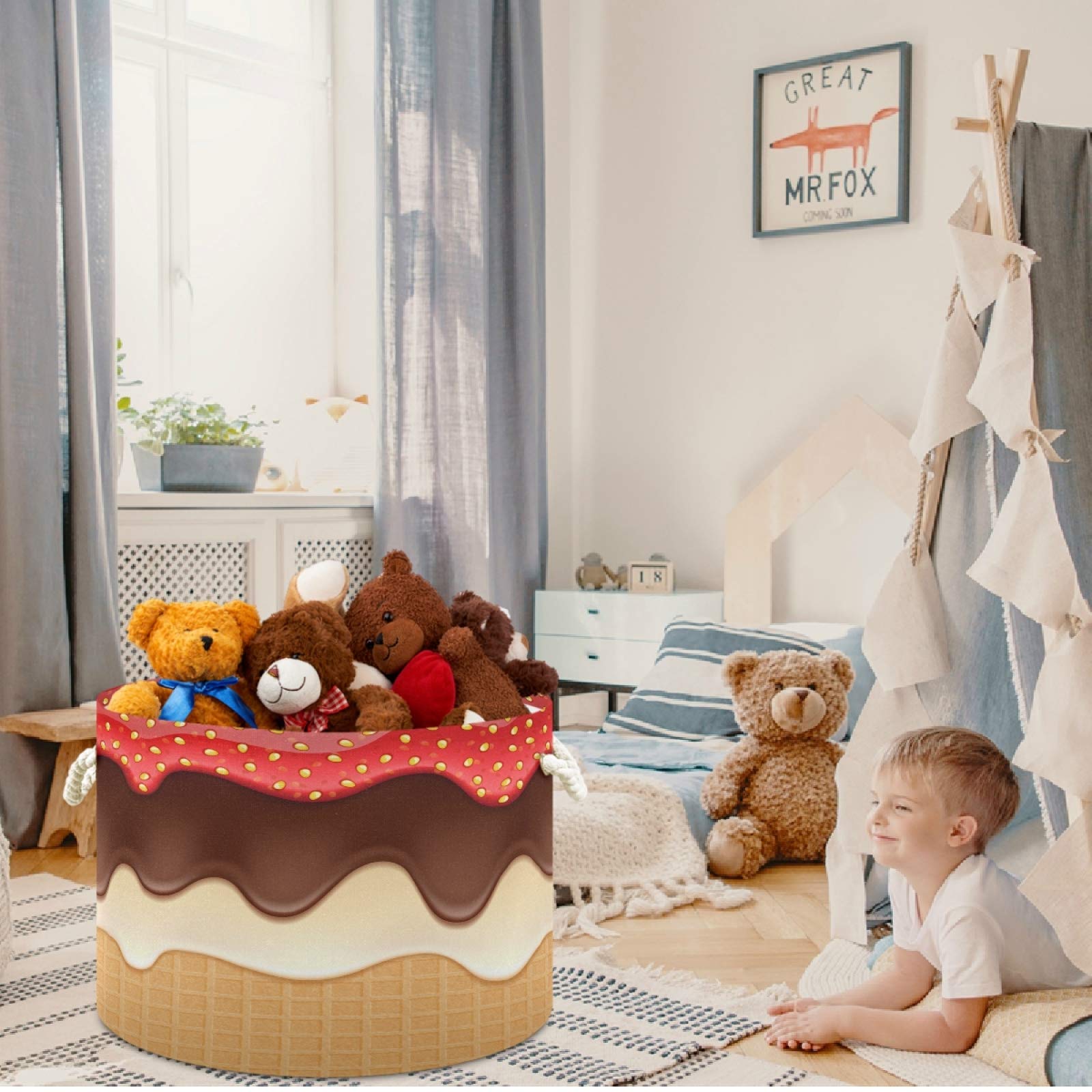 Visesunny Waterproof Canvas Storage Basket - Chocolate Cream & Strawberry Jam Wafer Design - Nursery Hamper, Toy Organizer Bin, Laundry Basket for Kids Room, Playroom, Shelves - Perfect for Toy Storage, Clothes Organization & Gift Giving
