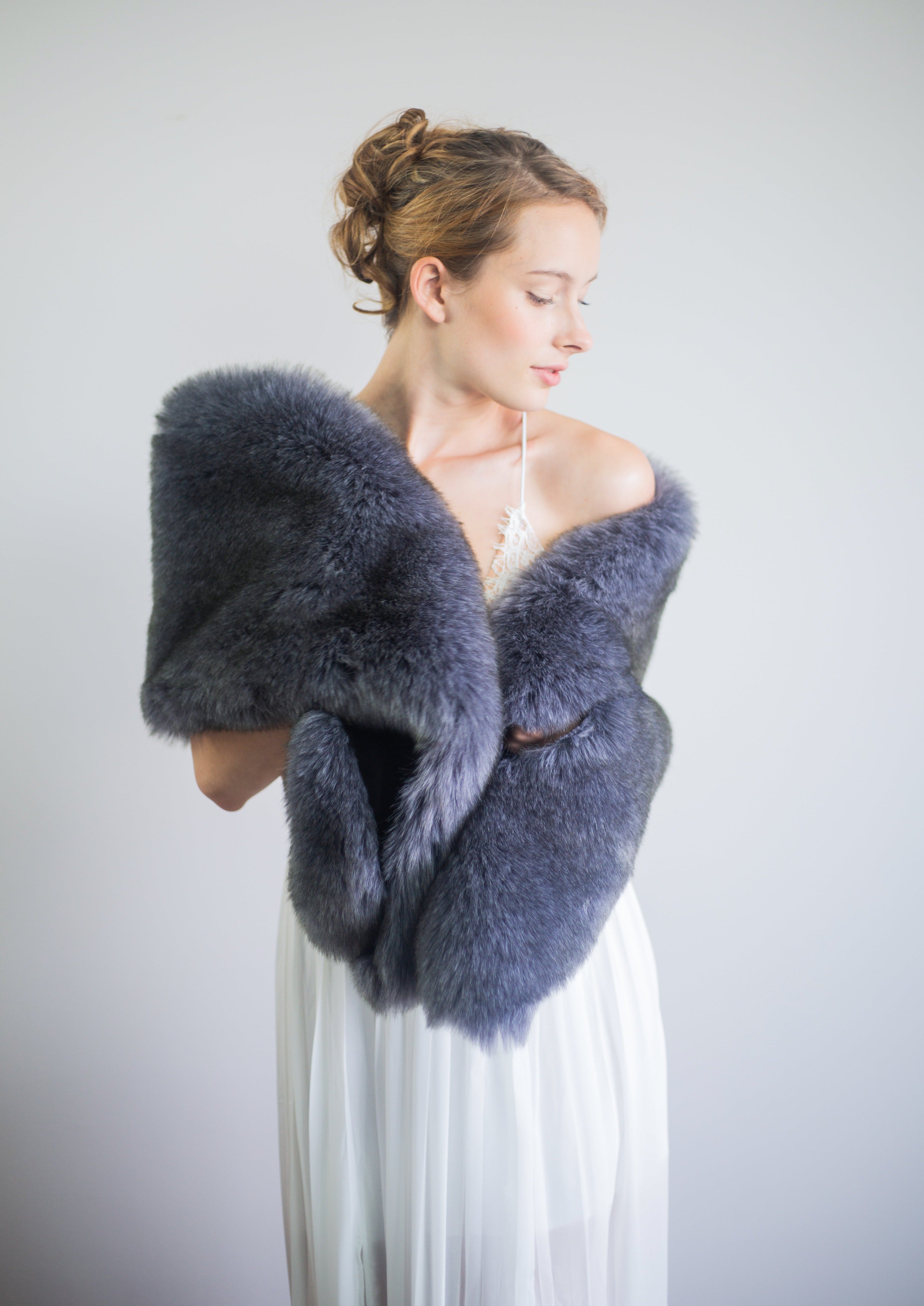 Dark Blue & Gray Faux Fur Shawl Wrap - Soft Winter Scarf for Women (Lilian DGry01) - Perfect for Cold Weather, Evening Parties & Holiday Gifts