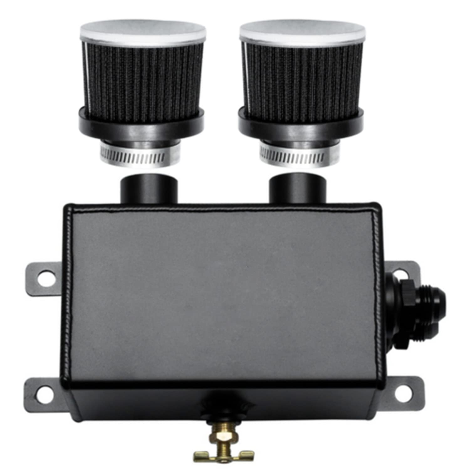 High Performance Black Aluminum Oil Catch Can - 10AN Baffled 1.2L Reservoir with Dual Breather Filters - Universal Fit for Cars, Trucks & Performance Vehicles - Reduces Engine Sludge & Improves Performance