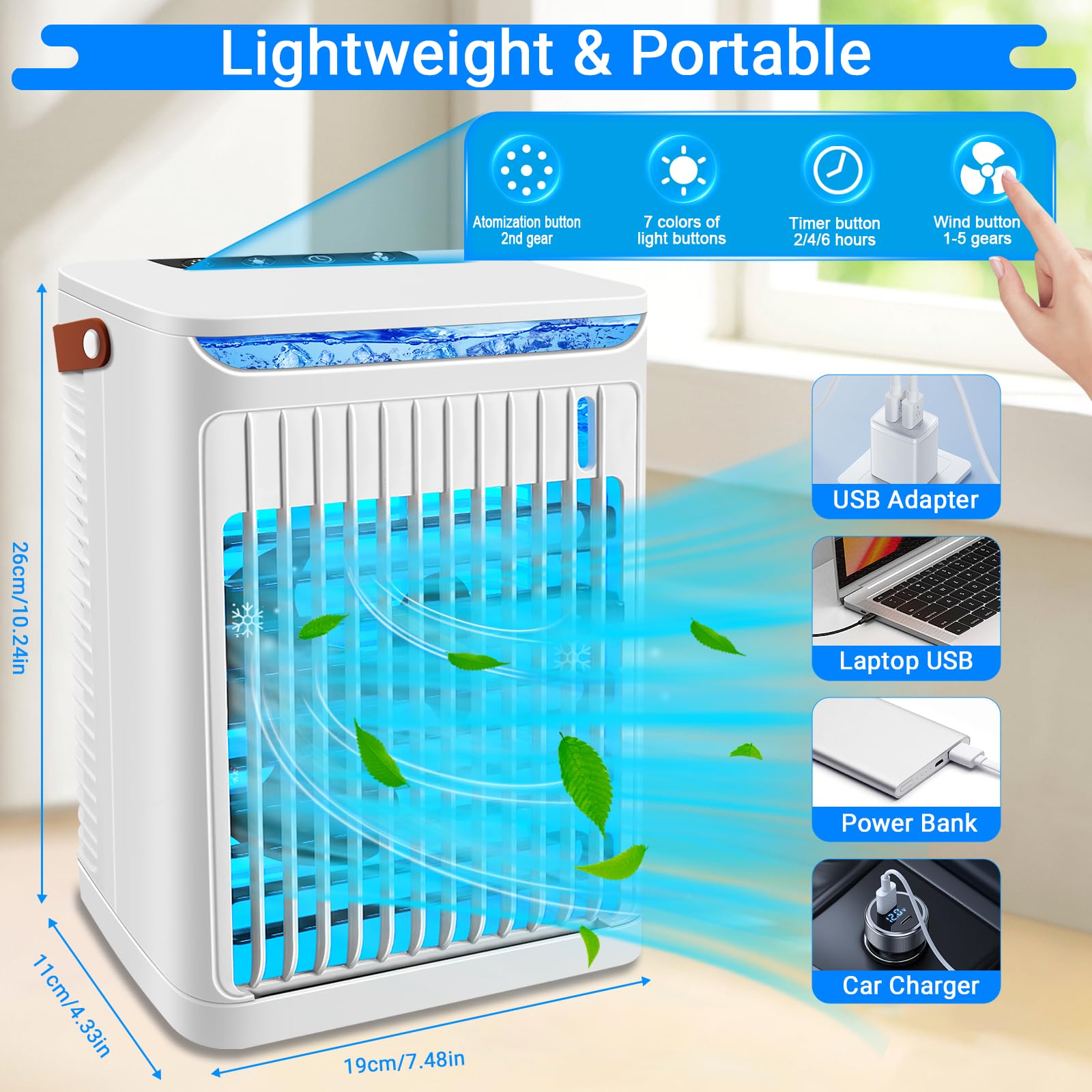 5-in-1 Portable Air Conditioner with Evaporative Cooling - Mini Fan, Humidifier, 3 Speed Settings, Adjustable Rotation, Timer & 7 LED Lights for Home, Office, Bedroom (White) | Perfect for Personal Cooling, Summer Comfort & Small Spaces