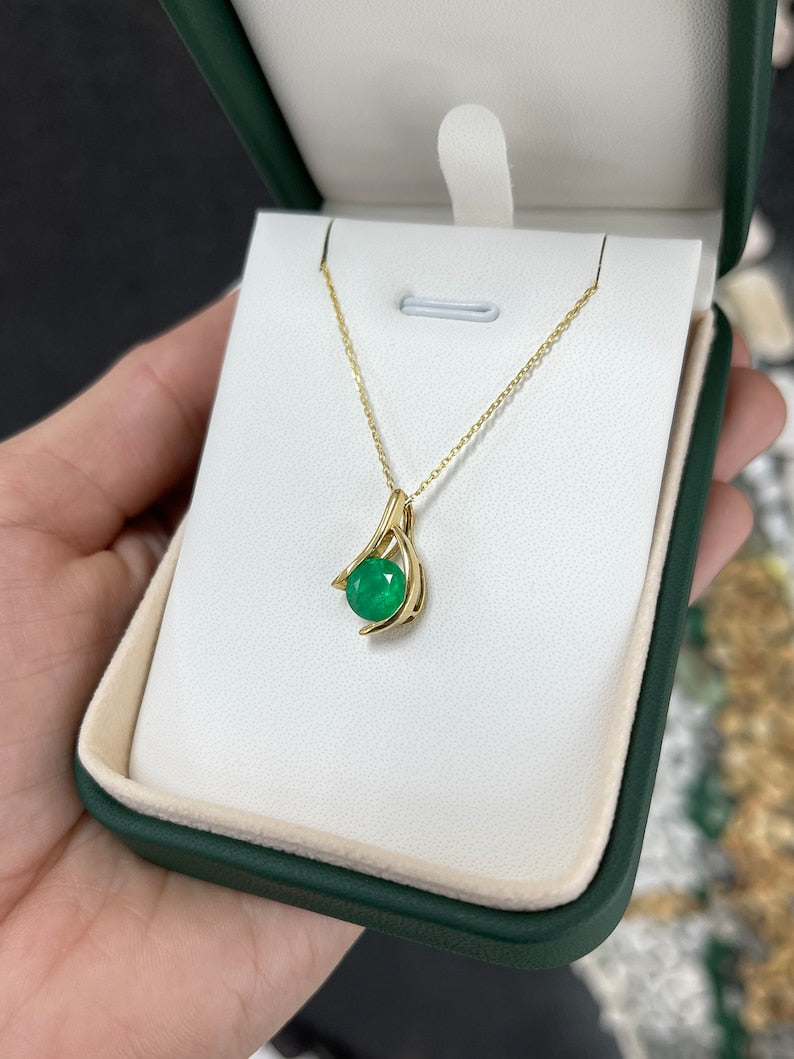 2.0ct 14K Gold Kanji-Shaped Colombian Emerald Round Cut Solitaire Pendant Necklace - Elegant Jewelry for Special Occasions, Gifts & Daily Wear