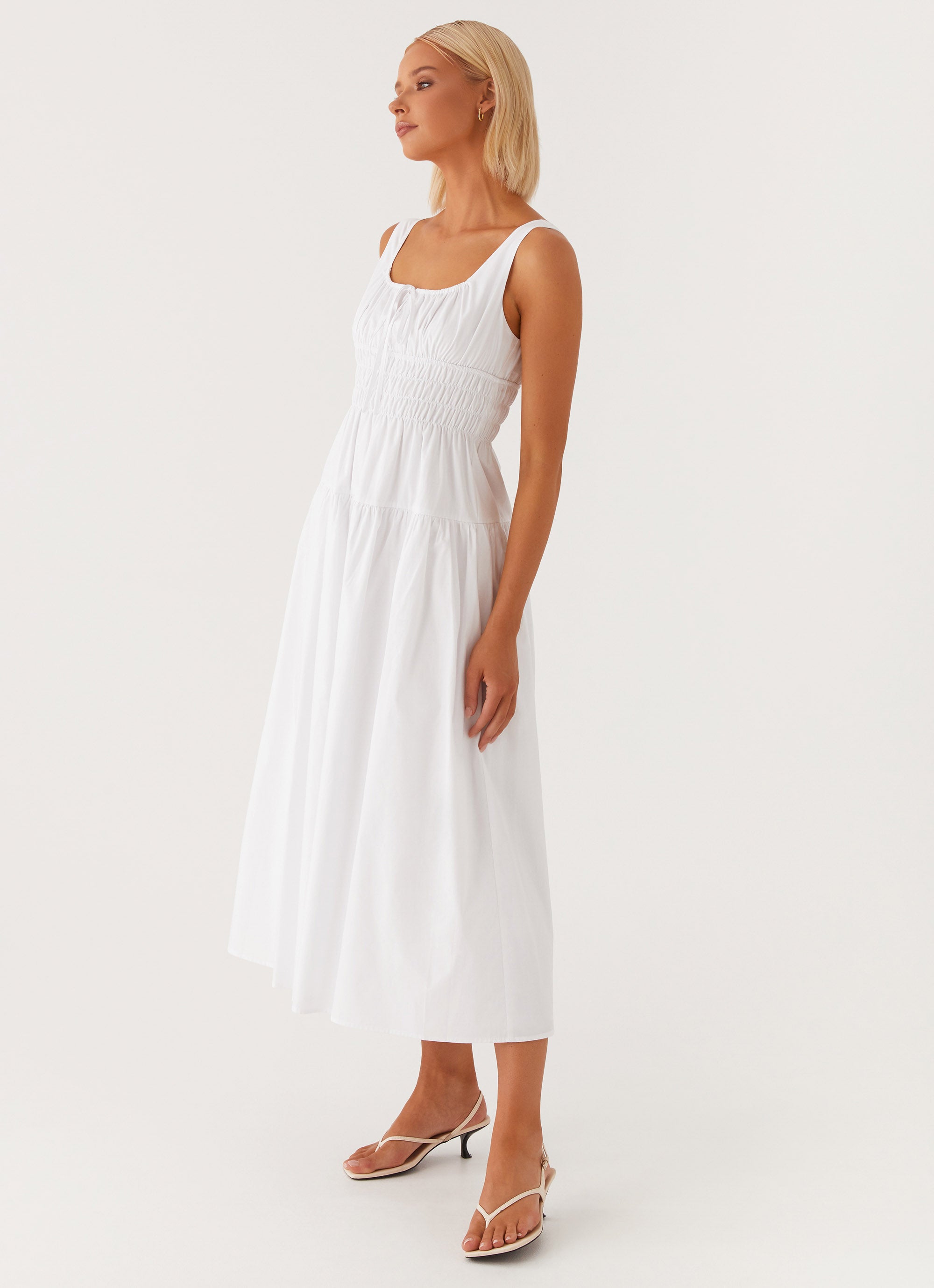 Jacintha Women's Midi Dress - Elegant White Flowy Summer Dress for Casual Outings, Beach Vacations & Date Nights