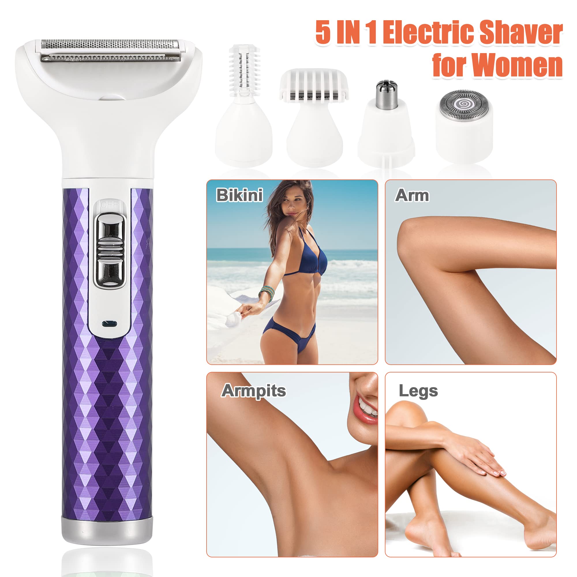 VOCOSTE 5-in-1 Electric Razor for Women - Rechargeable Cordless Wet/Dry Shaver for Face, Legs & Bikini Line - Portable Hair Trimmer & Body Groomer (Purple) | Perfect for Travel, Gym & Quick Touch-Ups