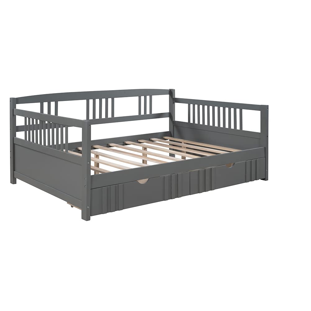 **Convertible Daybed Sofa Bed for Kids - Pinewood Frame with Guardrails & Wood Slats - Full Size Pull-Out Storage Drawers with Wheels (Gray) - Perfect for Kids' Bedroom, Guest Room & Small Spaces**
