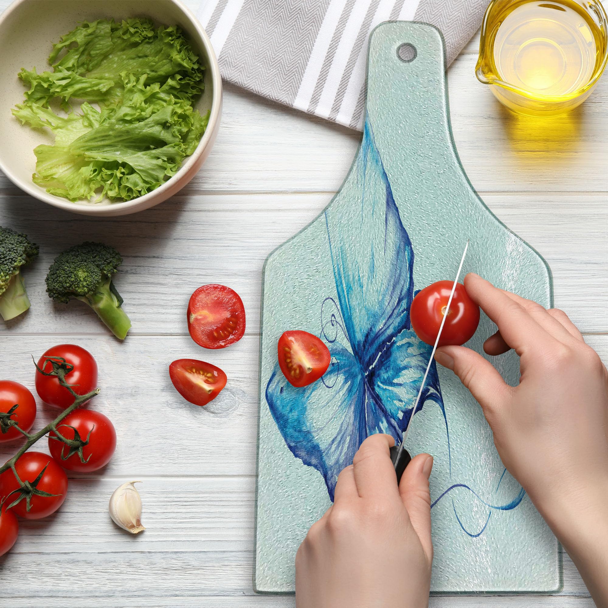 Ambesonne Watercolor Cutting Board - Hand Drawn Blue Butterfly Design, Nature Inspired Art with Soft Brush Strokes - Tempered Glass Serving Board for Kitchen & Dining - Wine Bottle Shape in Blue & White - Perfect for Charcuterie, Cheese Display & Party Serving
