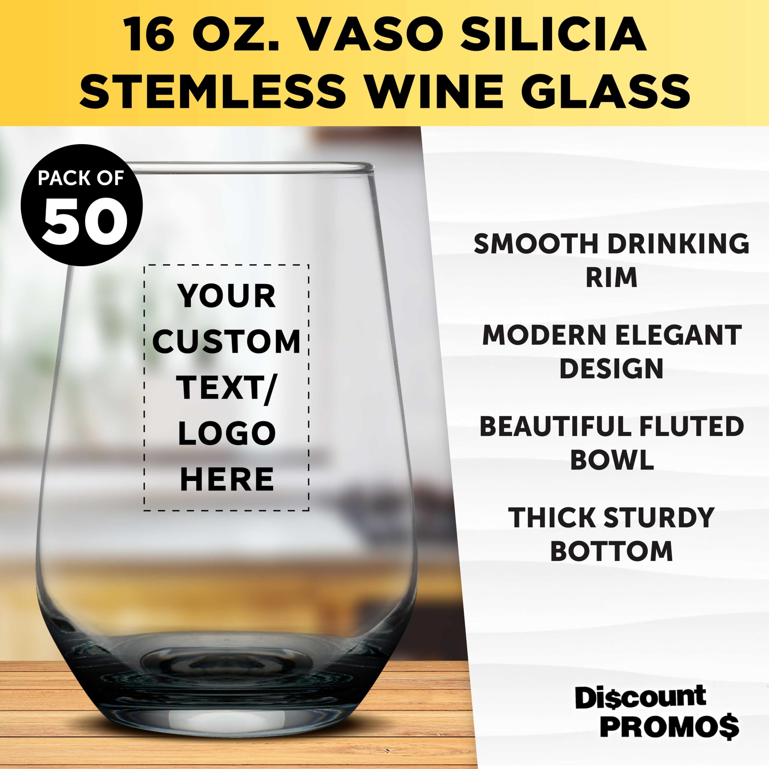 50-Pack 16 oz Stemless Wine Glasses with Thick Base - Clear Orb-Like Silica Glass - Custom Text & Logo Engraving - Perfect for Weddings, Parties & Corporate Events - Bulk Barware Set