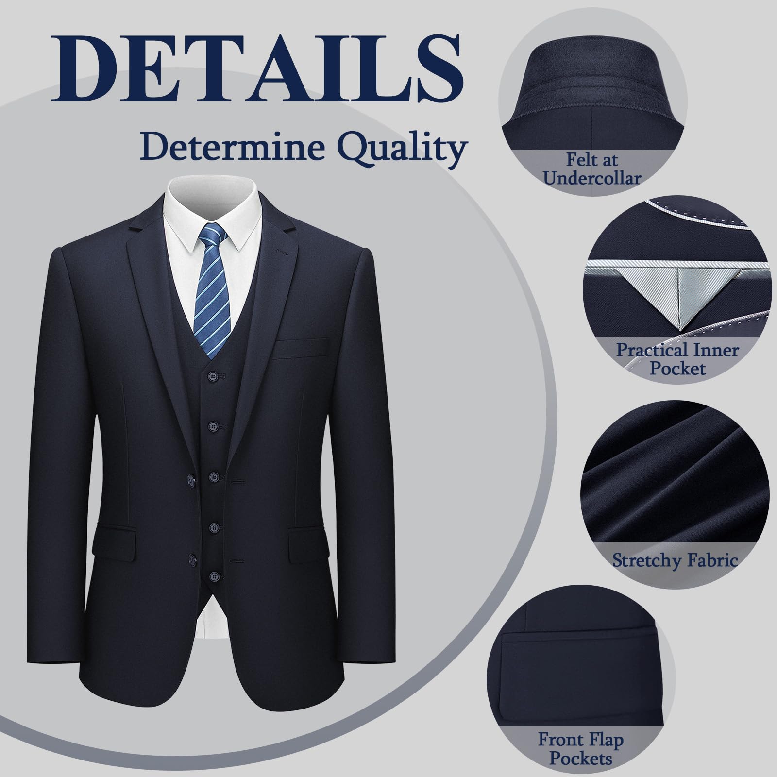 LUPURTY Slim Fit 3 Piece Suits for Men - 2 Button Solid Color Business Suit Jacket with Vest & Pants - Formal Tuxedo Set for Wedding, Office, Prom & Special Occasions