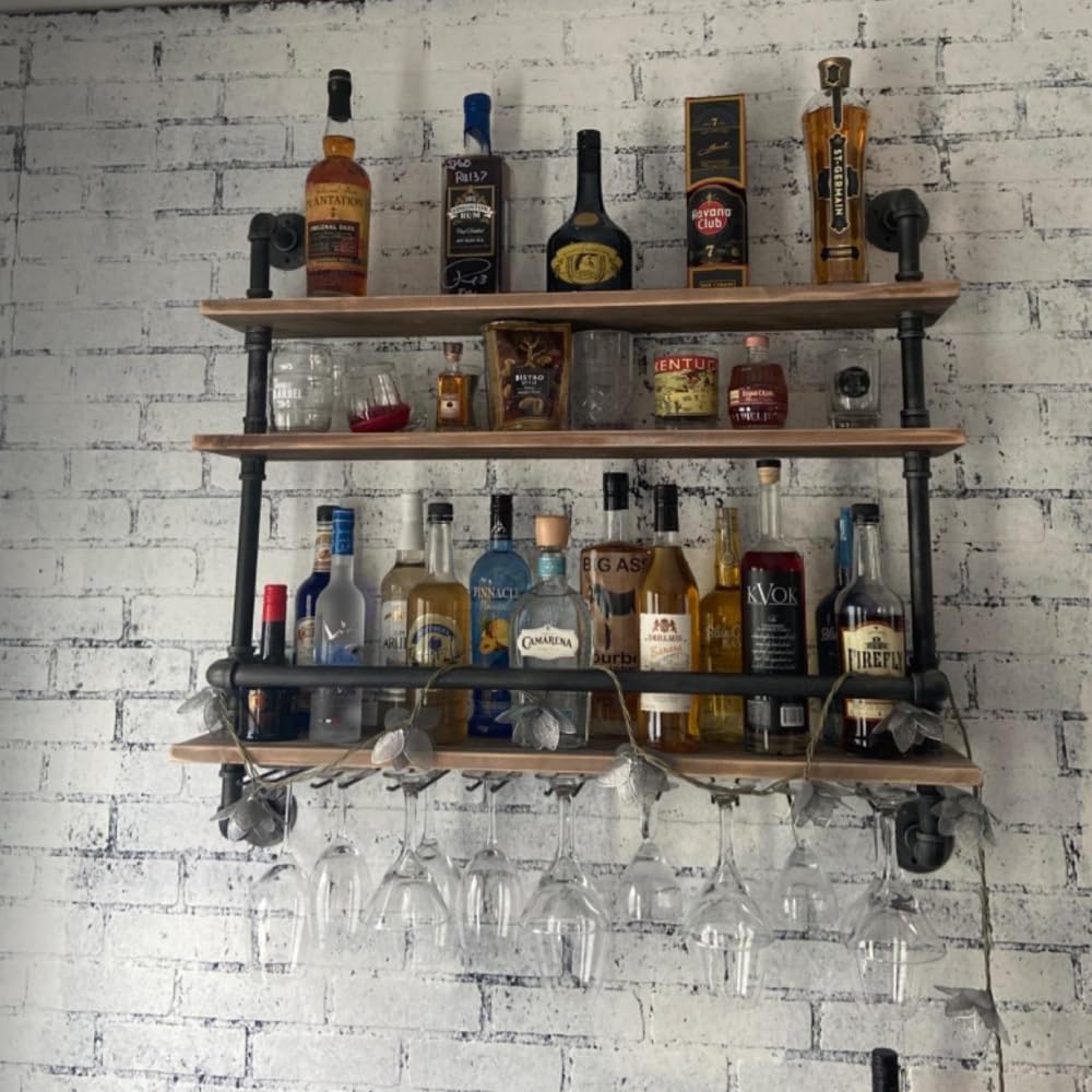 Industrial Pipe Shelf Wine Rack Wall Mounted with 9 Stem Glass Holder - 36 Inch Rustic Wood Floating Shelves for Bar, Kitchen & Dining Room Decor - Wine Storage & Glass Display Shelf for Home & Commercial Use