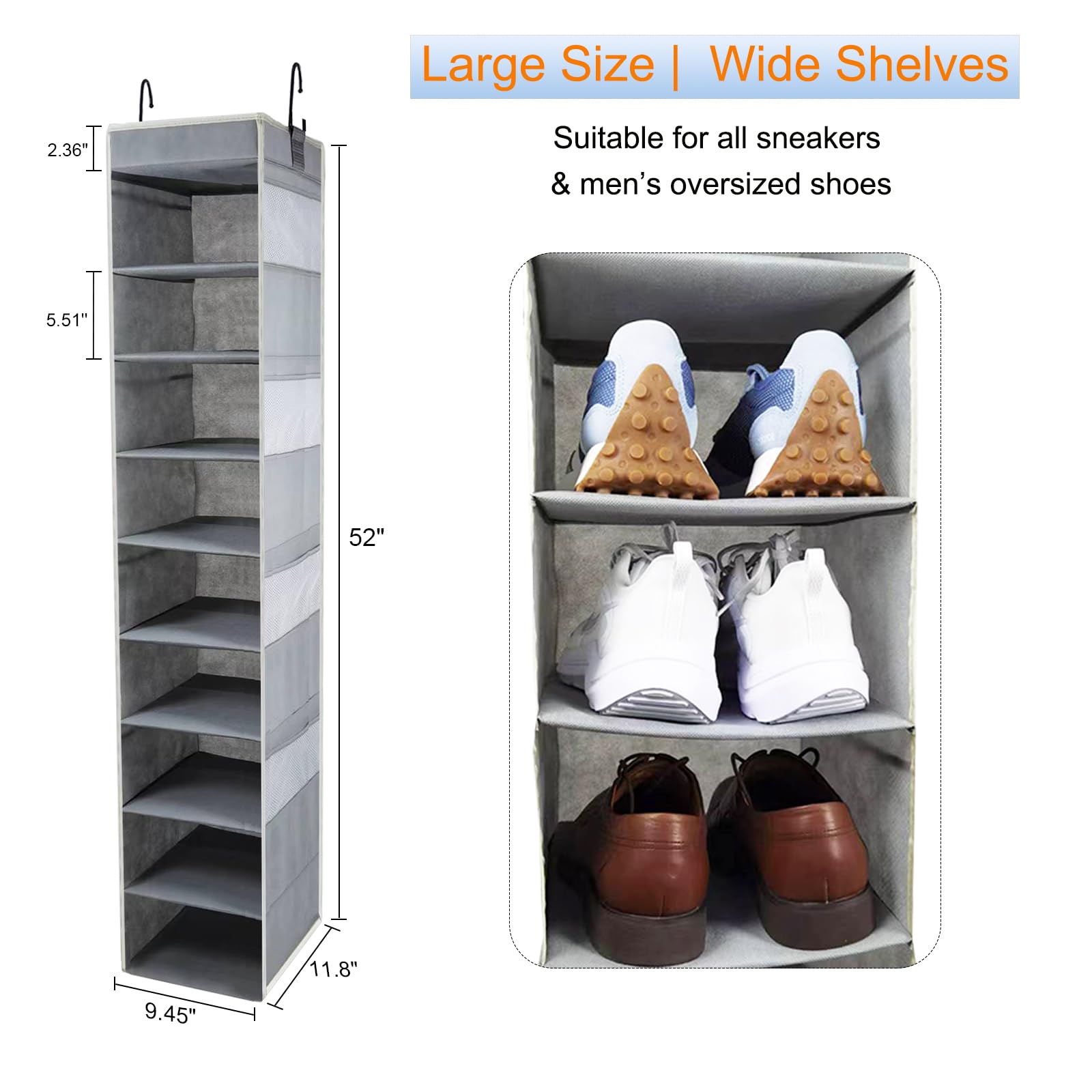 10-Shelf Large Hanging Shoe Organizer with 8 Side Pockets - Sturdy Closet Storage for Shoes, Clothes, Jeans & Toys (Grey) | Perfect for Bedroom, Closet & Dorm Organization