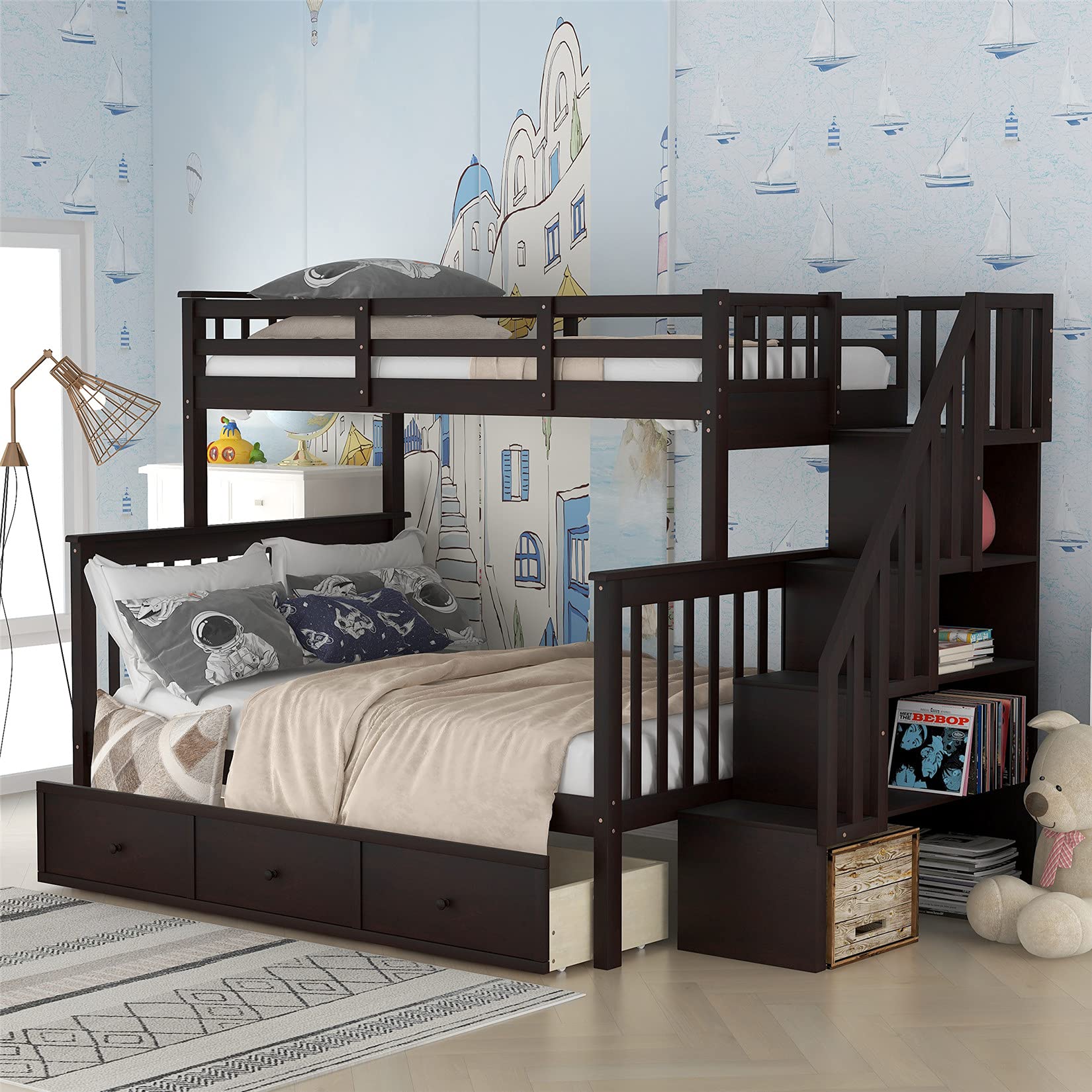 Twin Over Full Bunk Bed with Stairs & Storage - Wooden Frame for Kids Teens - Perfect for Small Bedrooms & Shared Spaces