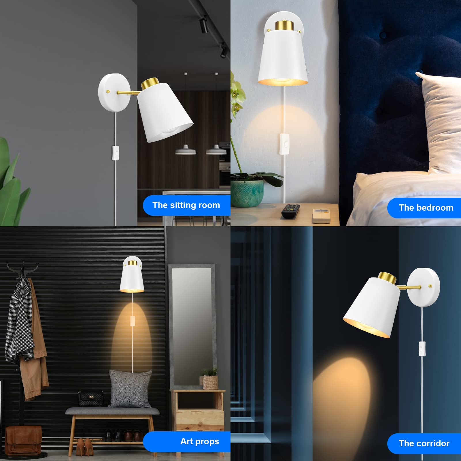 Yollzey Plug-in Wall Sconces - 2 Pack Adjustable Vintage Industrial Wall Lights with Rotatable Angle & White Finish | Perfect for Bedroom, Living Room, Hallway & Office Reading Lighting