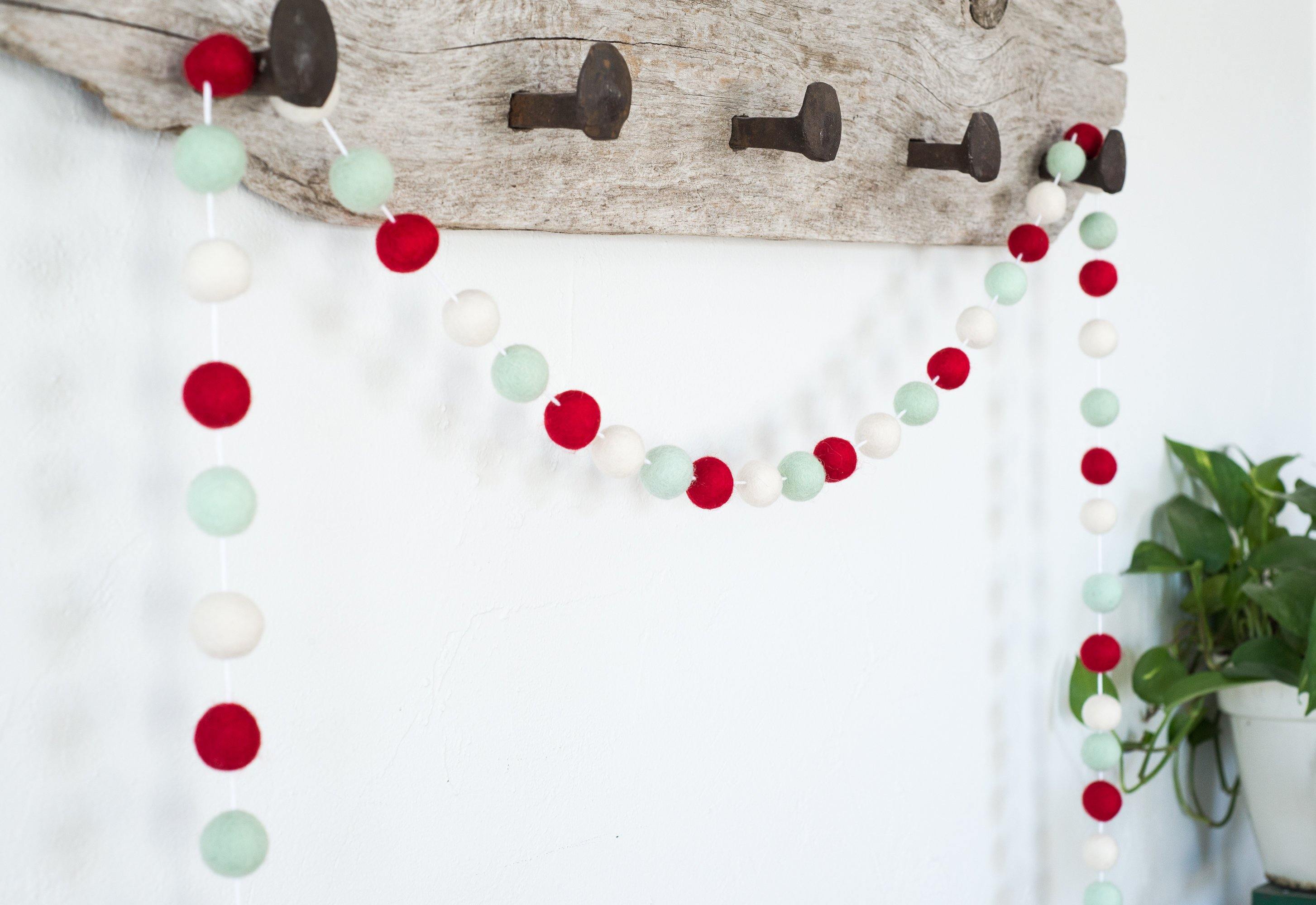 Vintage Christmas Felt Ball Garland Decor - 6ft Holiday Party Decorations for Tree, Mantel & Festive Home Décor