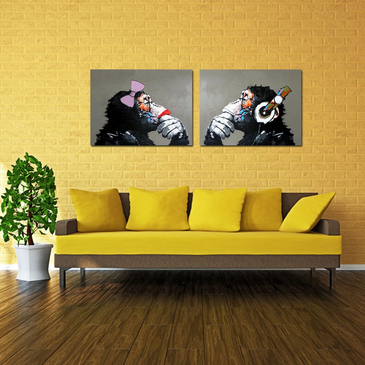Hand Painted Monkey with Headphones Oil Painting on Canvas - Large Wall Art for Living Room Decor (24x32 Inches, Set of 2) | Ready to Hang Modern Artwork for Home, Office & Gift Giving
