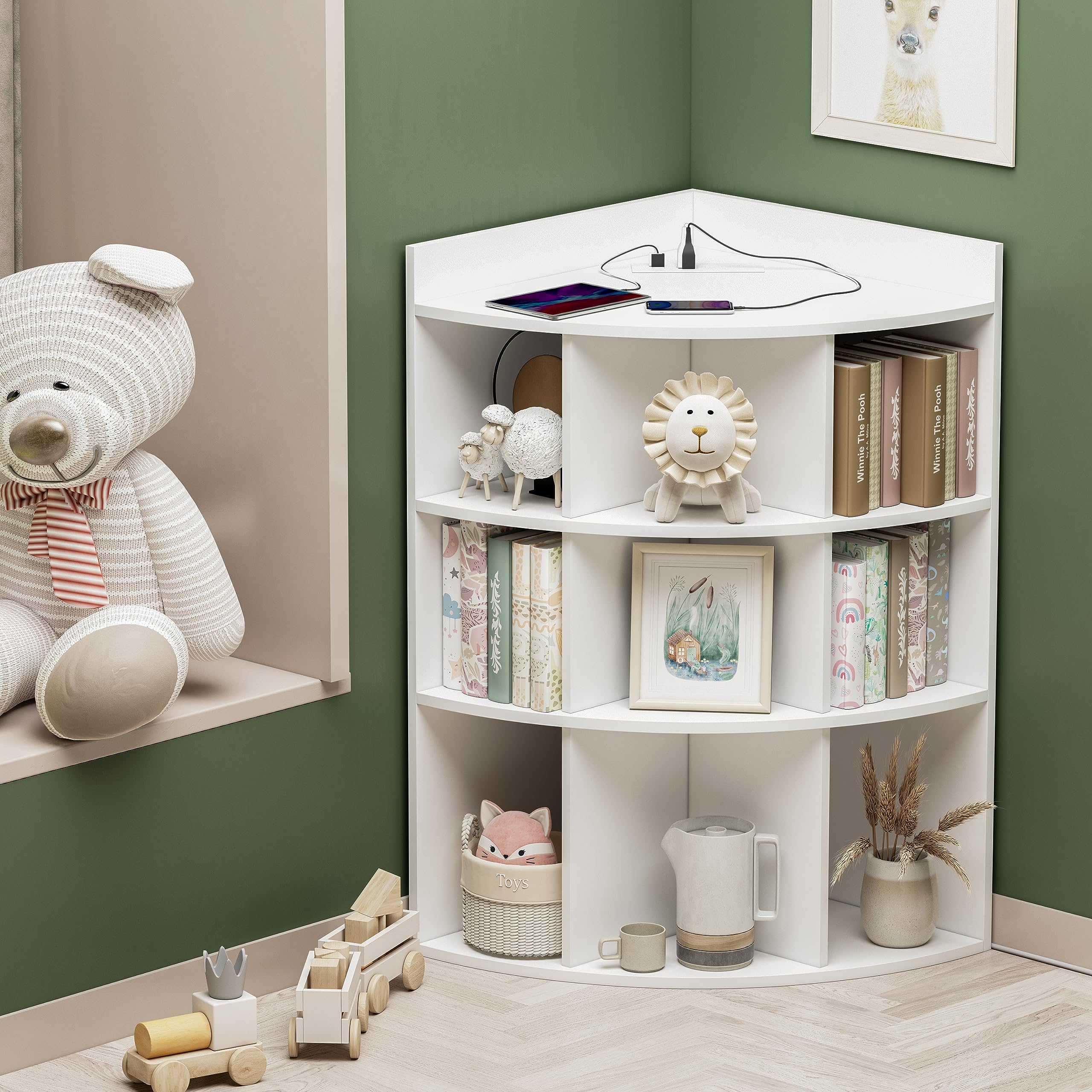 White 9-Cube Wooden Corner Cabinet Organizer with Charging Station - Multi-Purpose Toy Storage & Bookshelf for Playroom, Living Room, Bedroom - Space-Saving Corner Shelf for Home Organization
