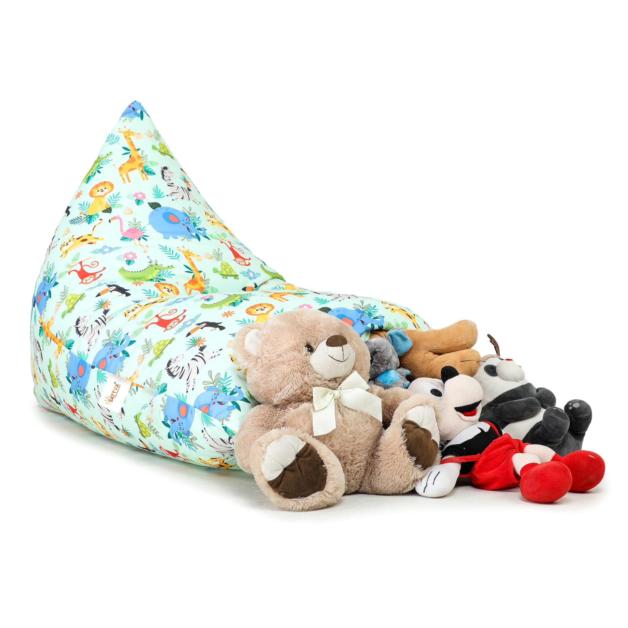 SATTVA Kids Triangle Canvas Bean Bag Cover - No Filling, Ultra Soft Zippered Stuffed Animal & Toy Storage Organizer for Teens & Adults (Animal Print) - Perfect for Playrooms, Dorm Rooms & Cozy Reading Nooks